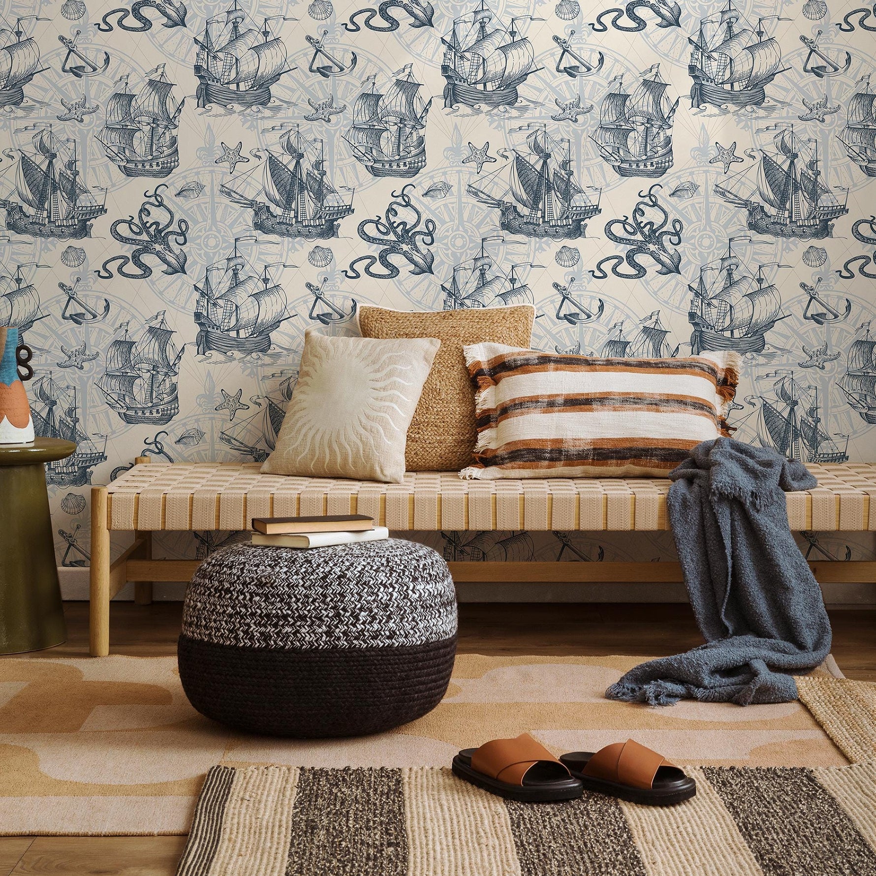 Removable wallpaper with coastal ocean animals and boats, navy blue nautical wallpaper with underwater fish, marine boat sticker - E042