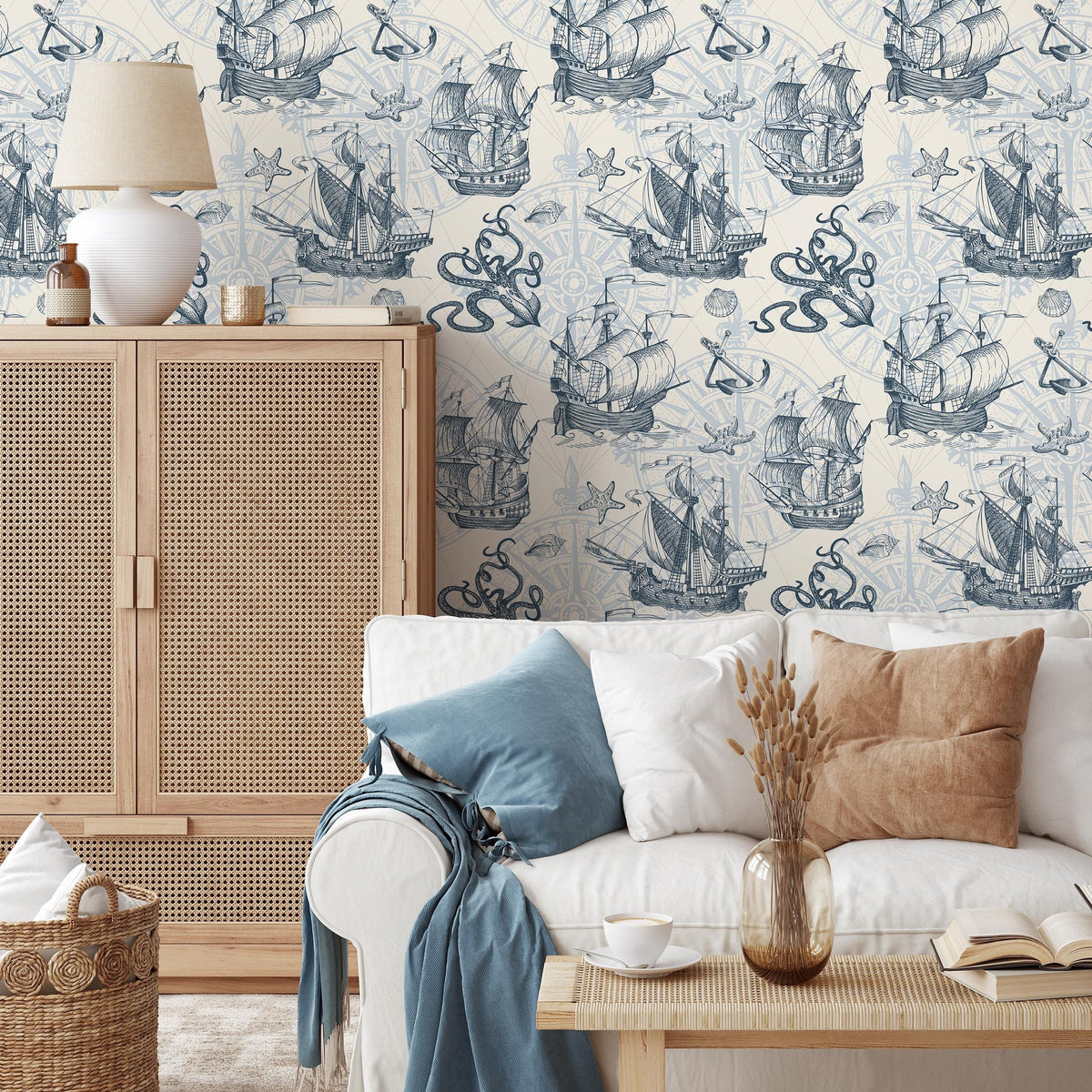 Removable wallpaper with coastal ocean animals and boats, navy blue nautical wallpaper with underwater fish, marine boat sticker - E042