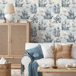 Removable wallpaper with coastal ocean animals and boats, navy blue nautical wallpaper with underwater fish, marine boat sticker - E042