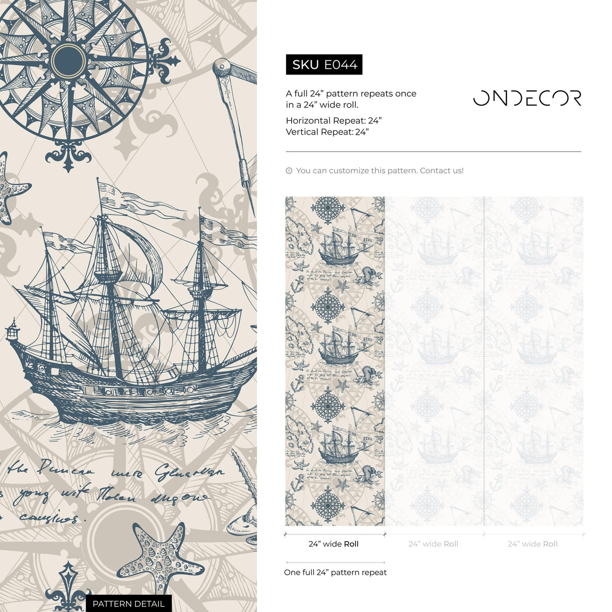 Removable wallpaper with coastal ocean animals and boats, navy blue nautical wallpaper with underwater fish, marine boat sticker - E044