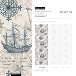 Removable wallpaper with coastal ocean animals and boats, navy blue nautical wallpaper with underwater fish, marine boat sticker - E044