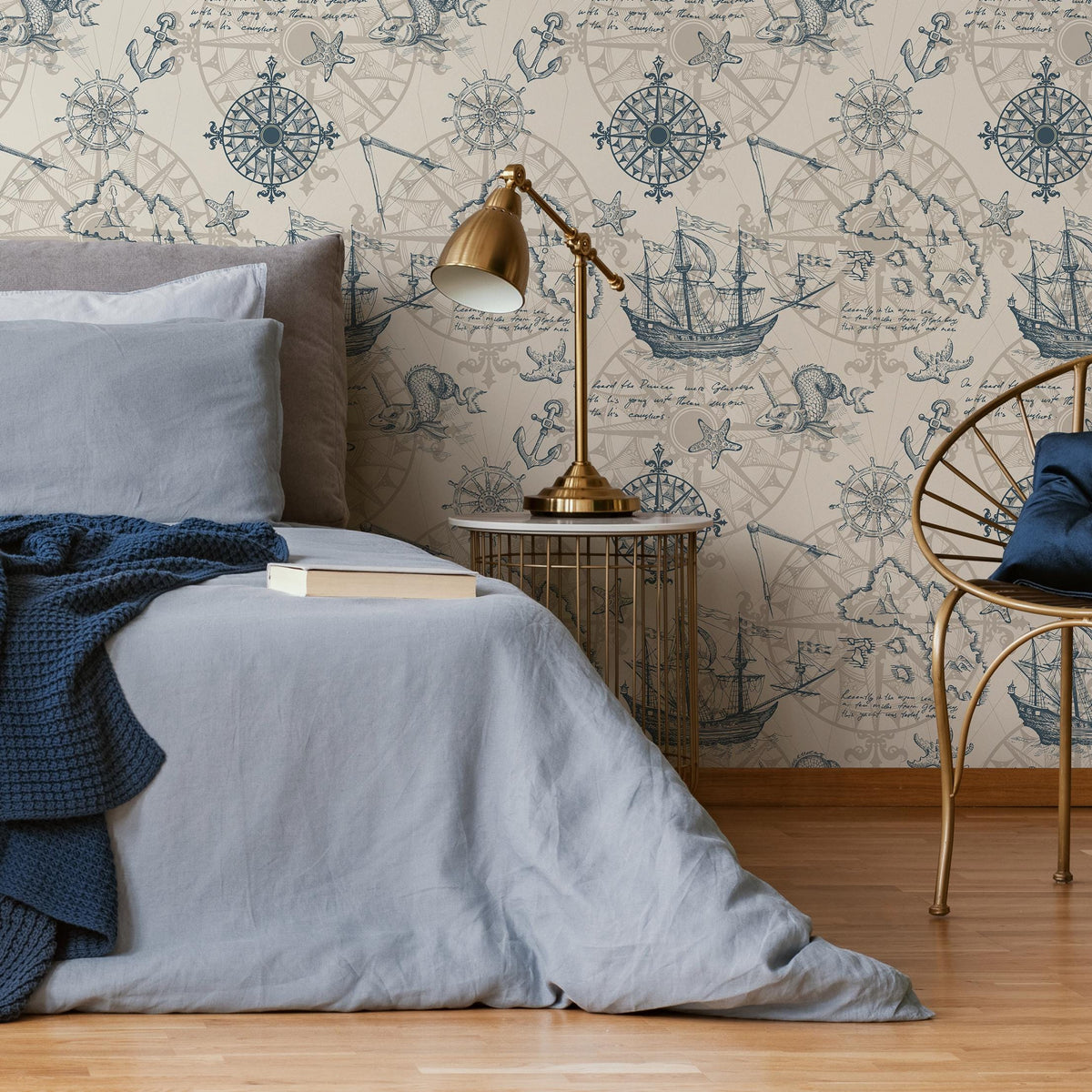 Removable wallpaper with coastal ocean animals and boats, navy blue nautical wallpaper with underwater fish, marine boat sticker - E044