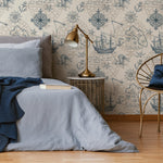 Removable wallpaper with coastal ocean animals and boats, navy blue nautical wallpaper with underwater fish, marine boat sticker - E044