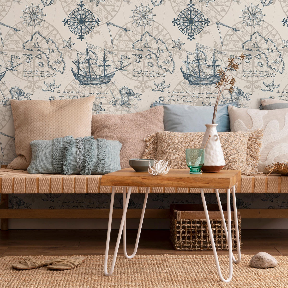 Removable wallpaper with coastal ocean animals and boats, navy blue nautical wallpaper with underwater fish, marine boat sticker - E044