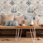 Removable wallpaper with coastal ocean animals and boats, navy blue nautical wallpaper with underwater fish, marine boat sticker - E044