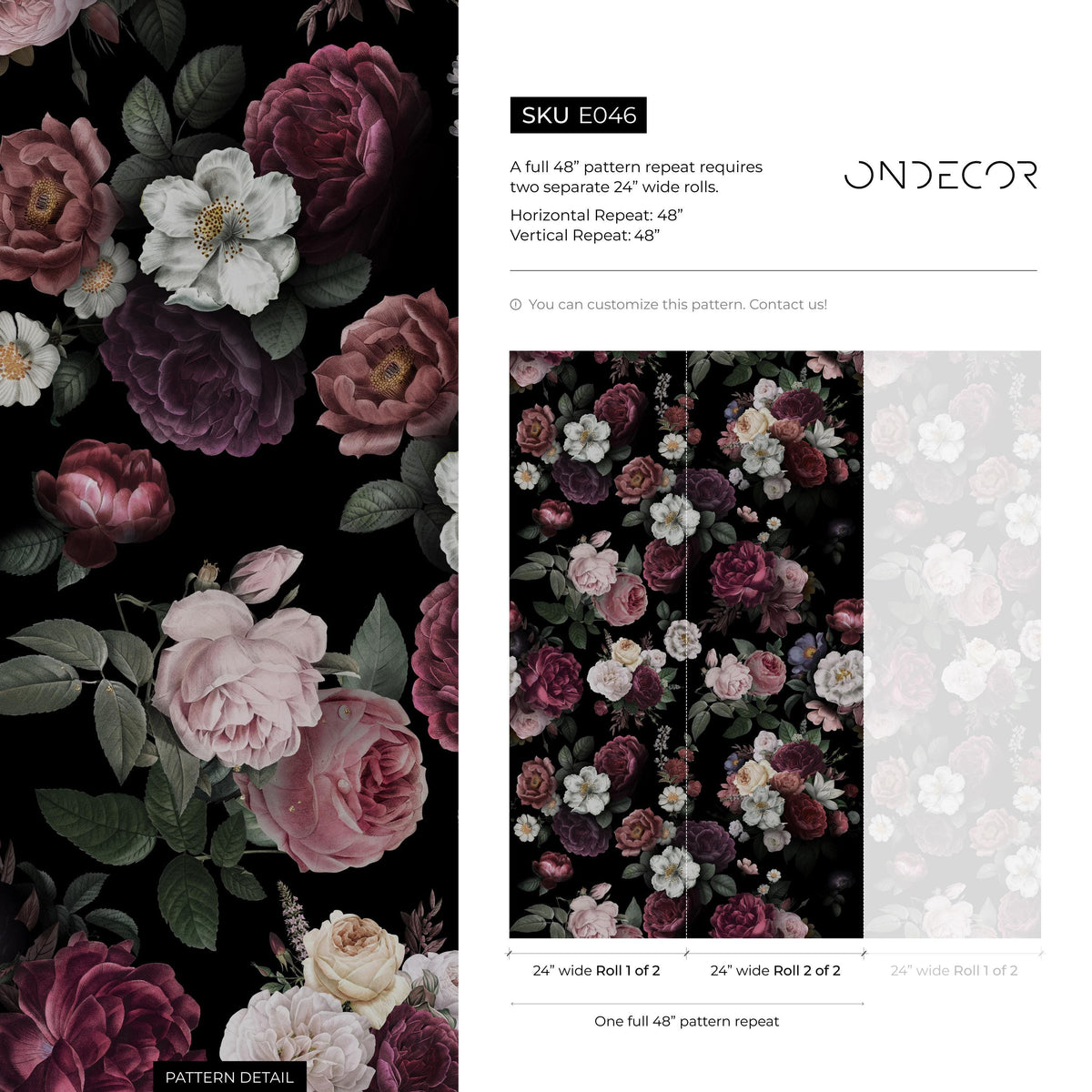 Dark Blossom Wall Mural, Elegant Dark Floral Wallpaper - Bold and Beautiful Design - E046