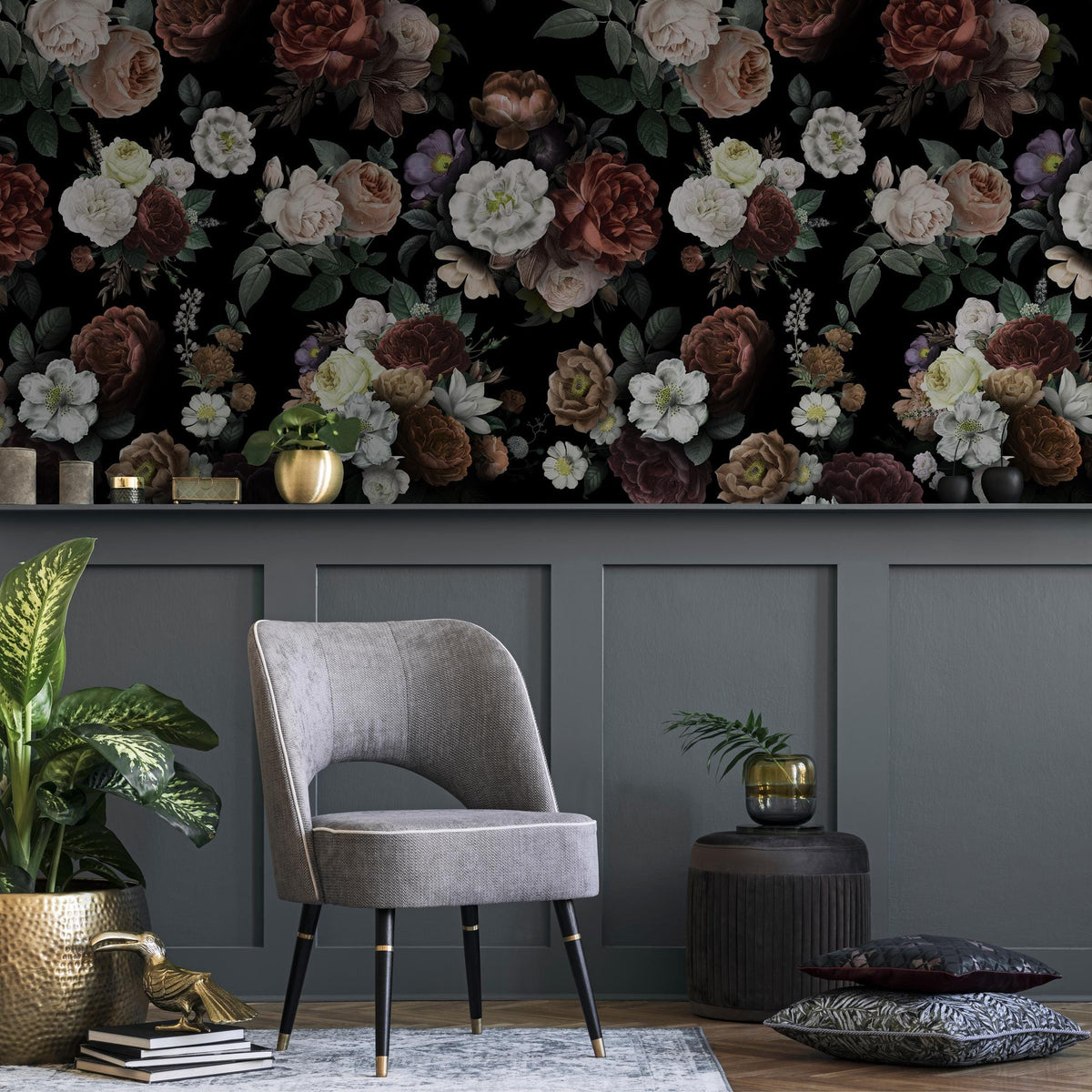 Dark Blossom Wall Mural, Elegant Dark Floral Wallpaper - Bold and Beautiful Design - E047