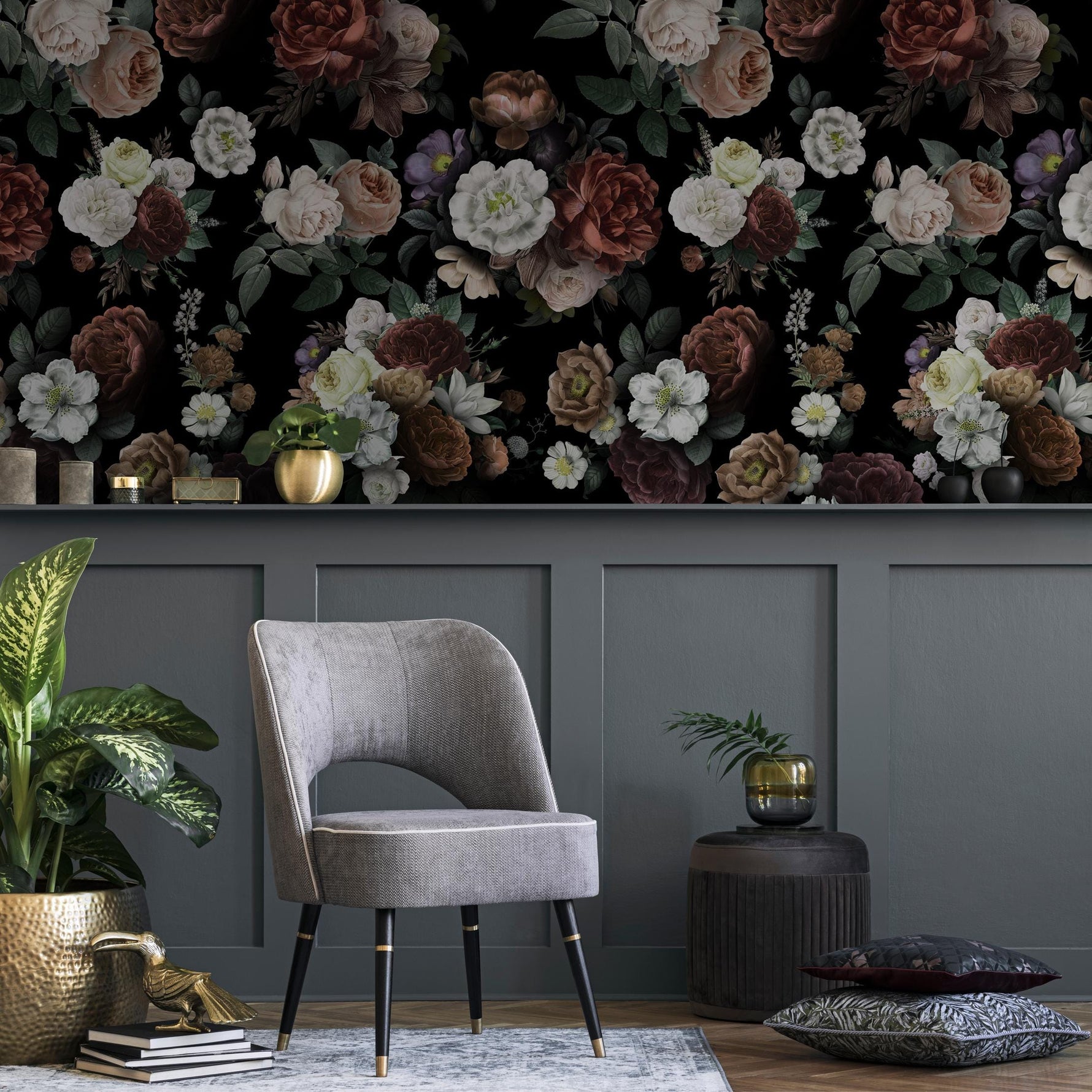 Dark Blossom Wall Mural, Elegant Dark Floral Wallpaper - Bold and Beautiful Design - E047