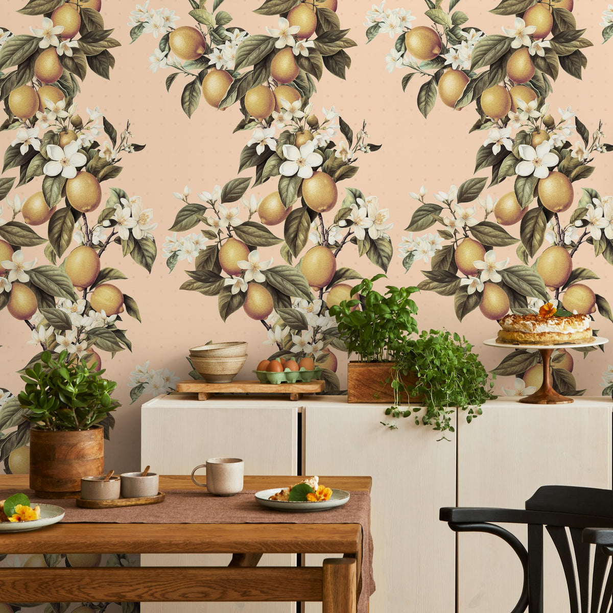 Vintage lemon tree wallpaper, citrus wallpaper, fruit kitchen wallpaper, Italian-inspired home decor - E058