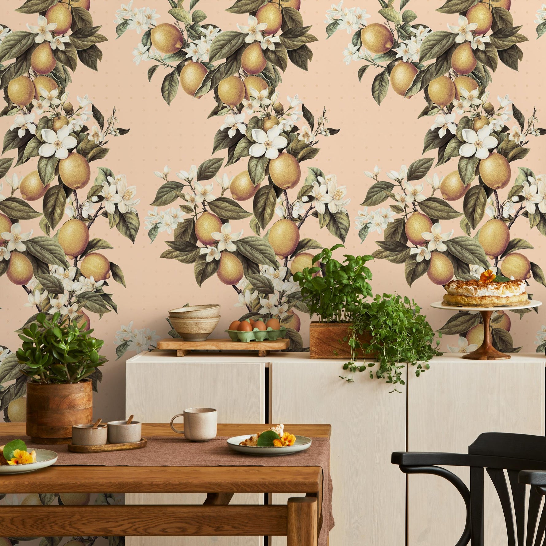 Vintage lemon tree wallpaper, citrus wallpaper, fruit kitchen wallpaper, Italian-inspired home decor - E058