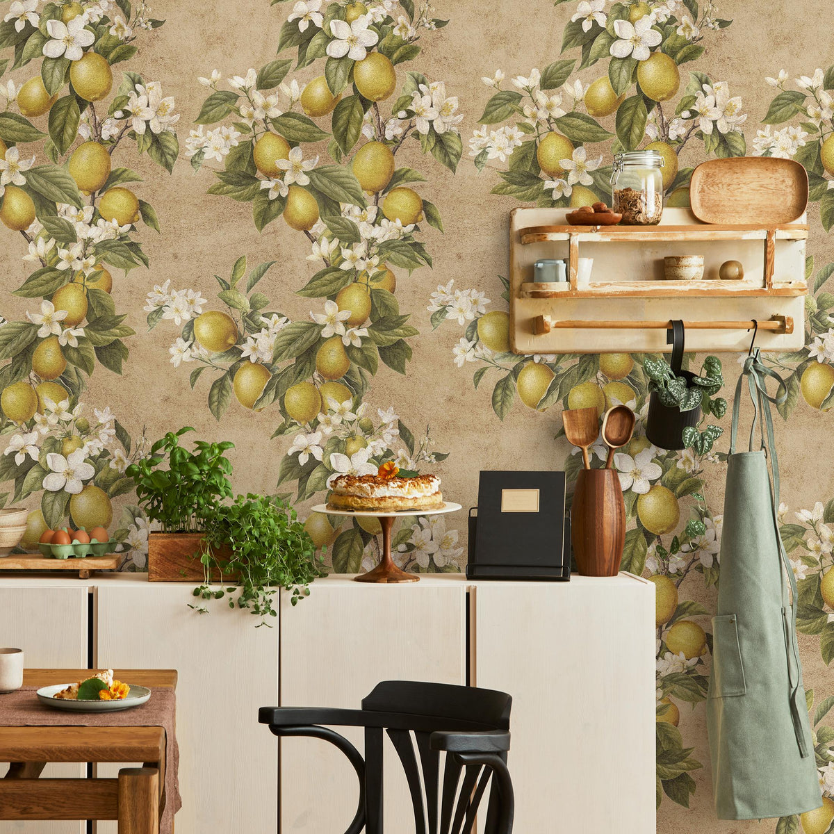 Vintage lemon tree wallpaper, citrus wallpaper, fruit kitchen wallpaper, Italian-inspired home decor - E060