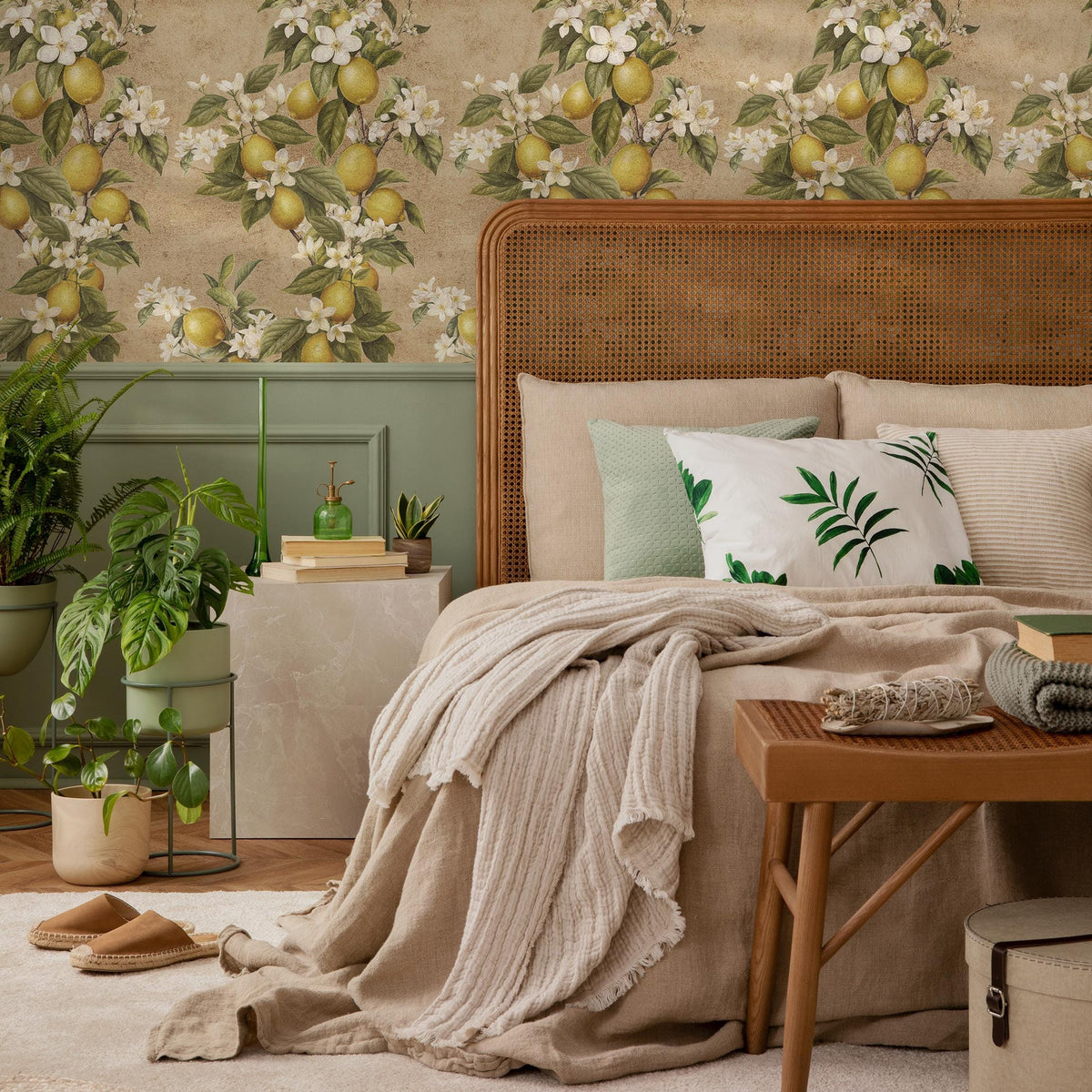 Vintage lemon tree wallpaper, citrus wallpaper, fruit kitchen wallpaper, Italian-inspired home decor - E060