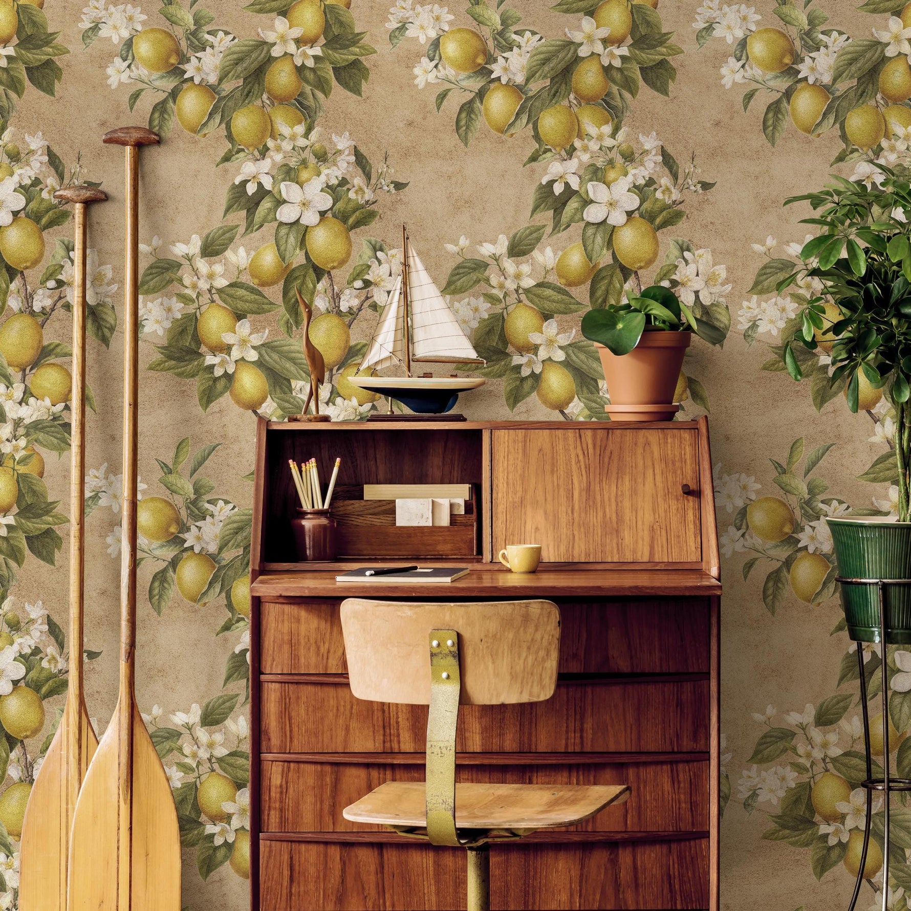 Vintage lemon tree wallpaper, citrus wallpaper, fruit kitchen wallpaper, Italian-inspired home decor - E060