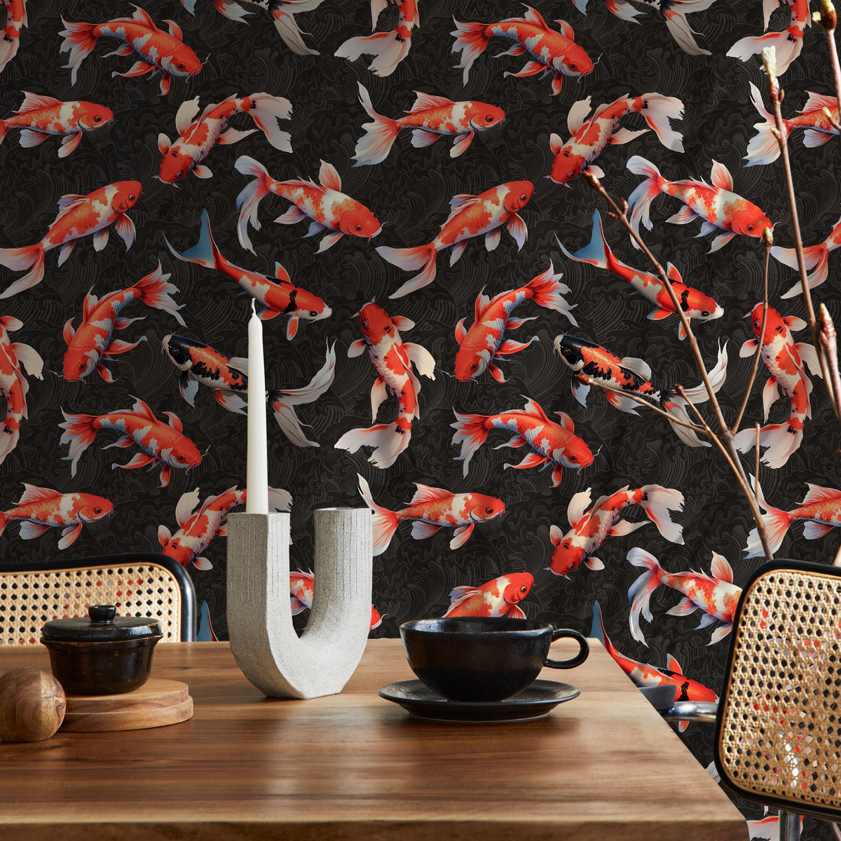 Koi fish wallpaper, Vintage marine wall mural, Japanese waves, Japanese fish - E063