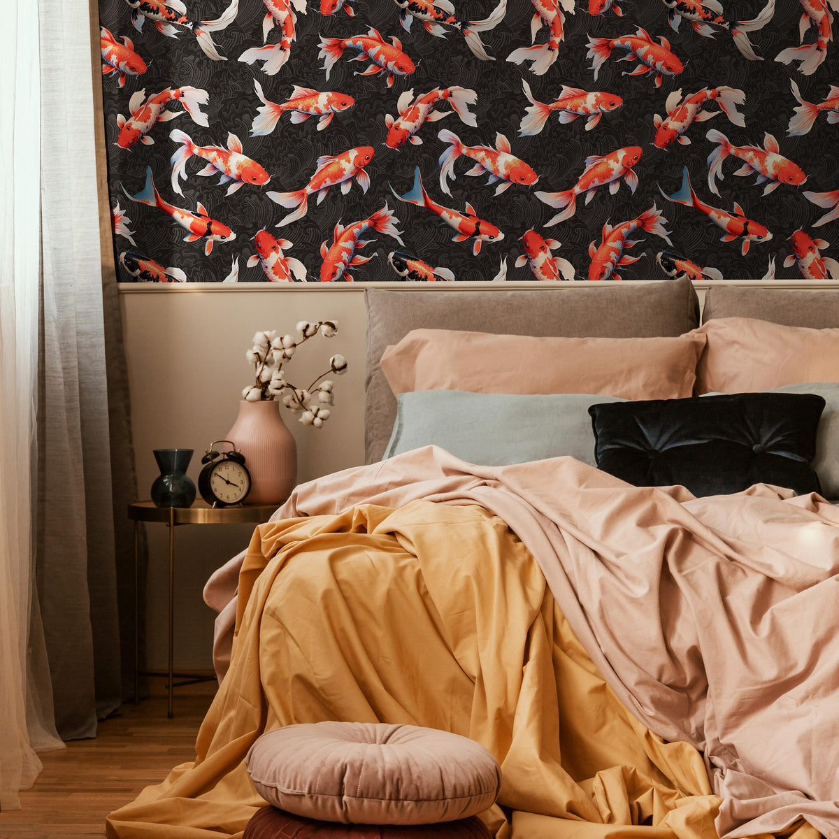 Koi fish wallpaper, Vintage marine wall mural, Japanese waves, Japanese fish - E063