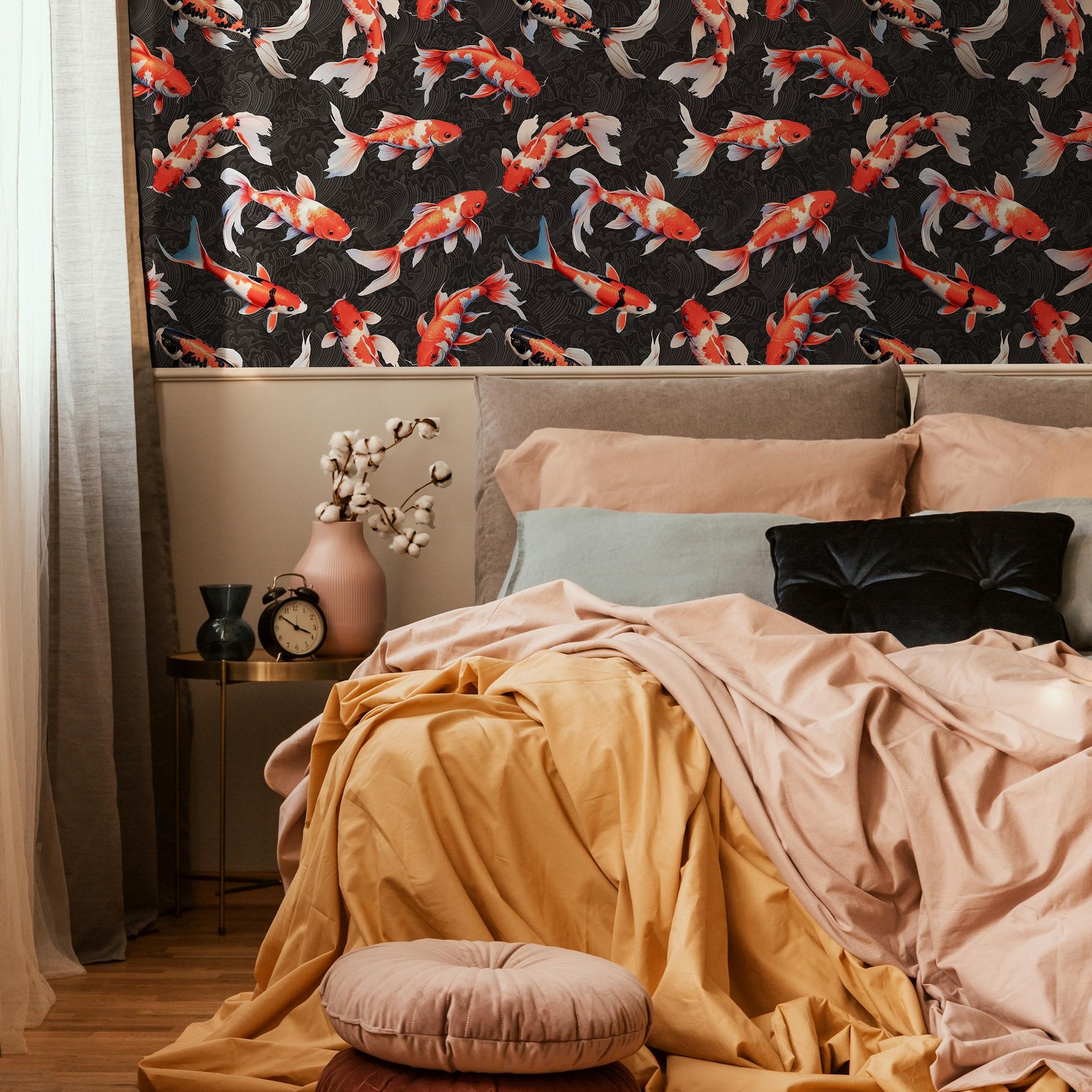 Koi fish wallpaper, Vintage marine wall mural, Japanese waves, Japanese fish - E063