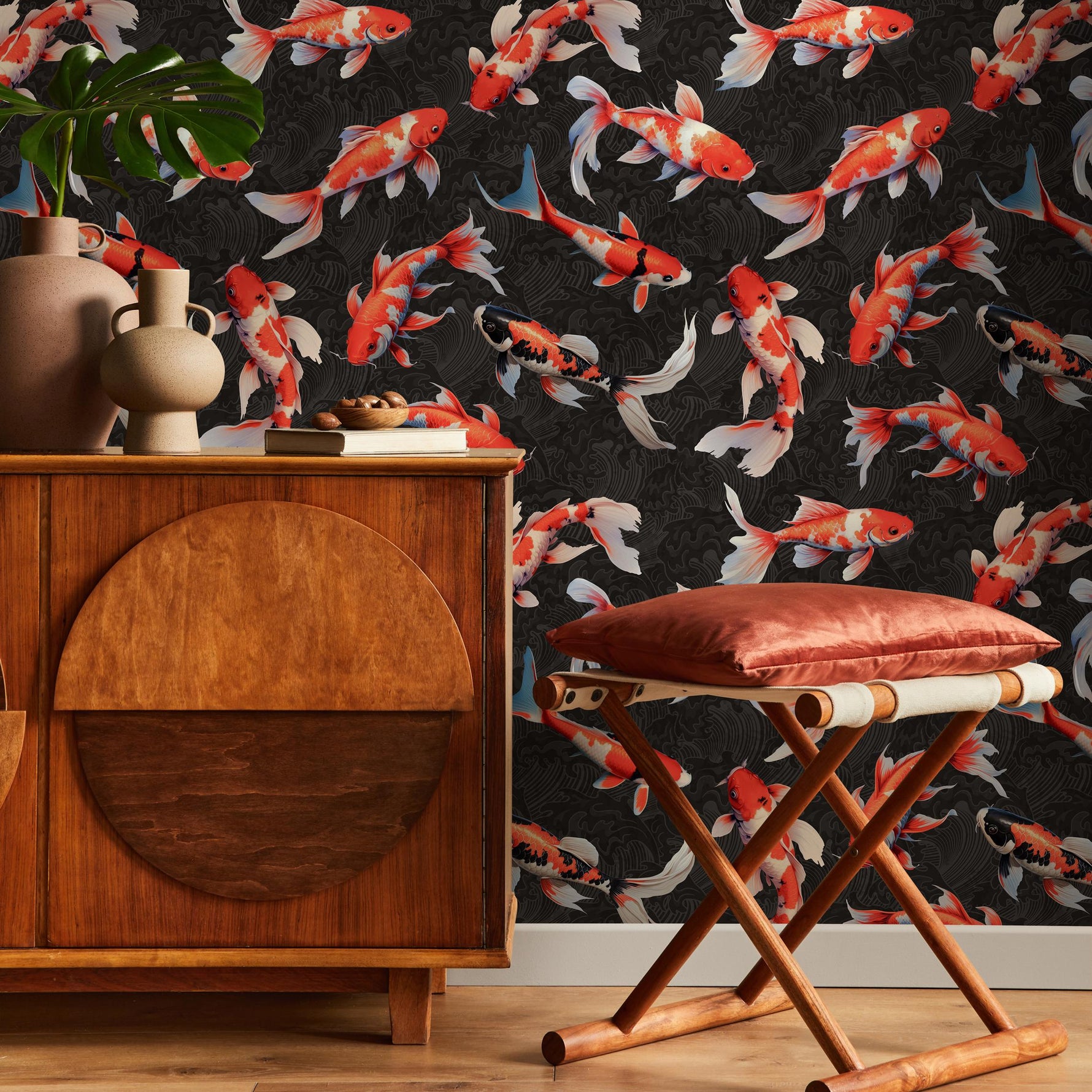 Koi fish wallpaper, Vintage marine wall mural, Japanese waves, Japanese fish - E063