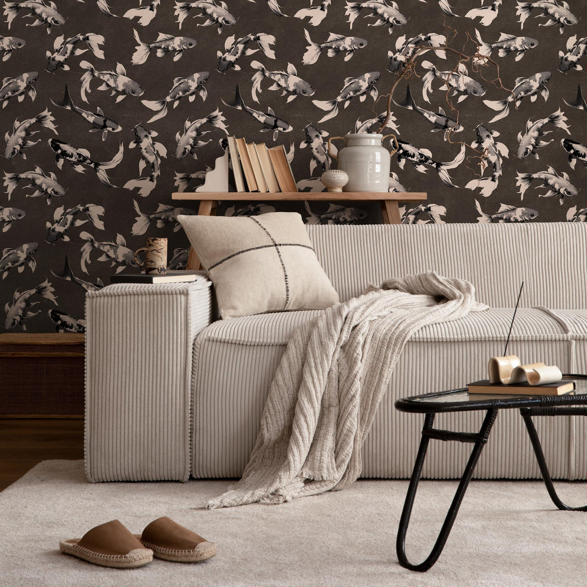 Koi fish wallpaper, Vintage marine wall mural, Japanese waves, Japanese fish - E066