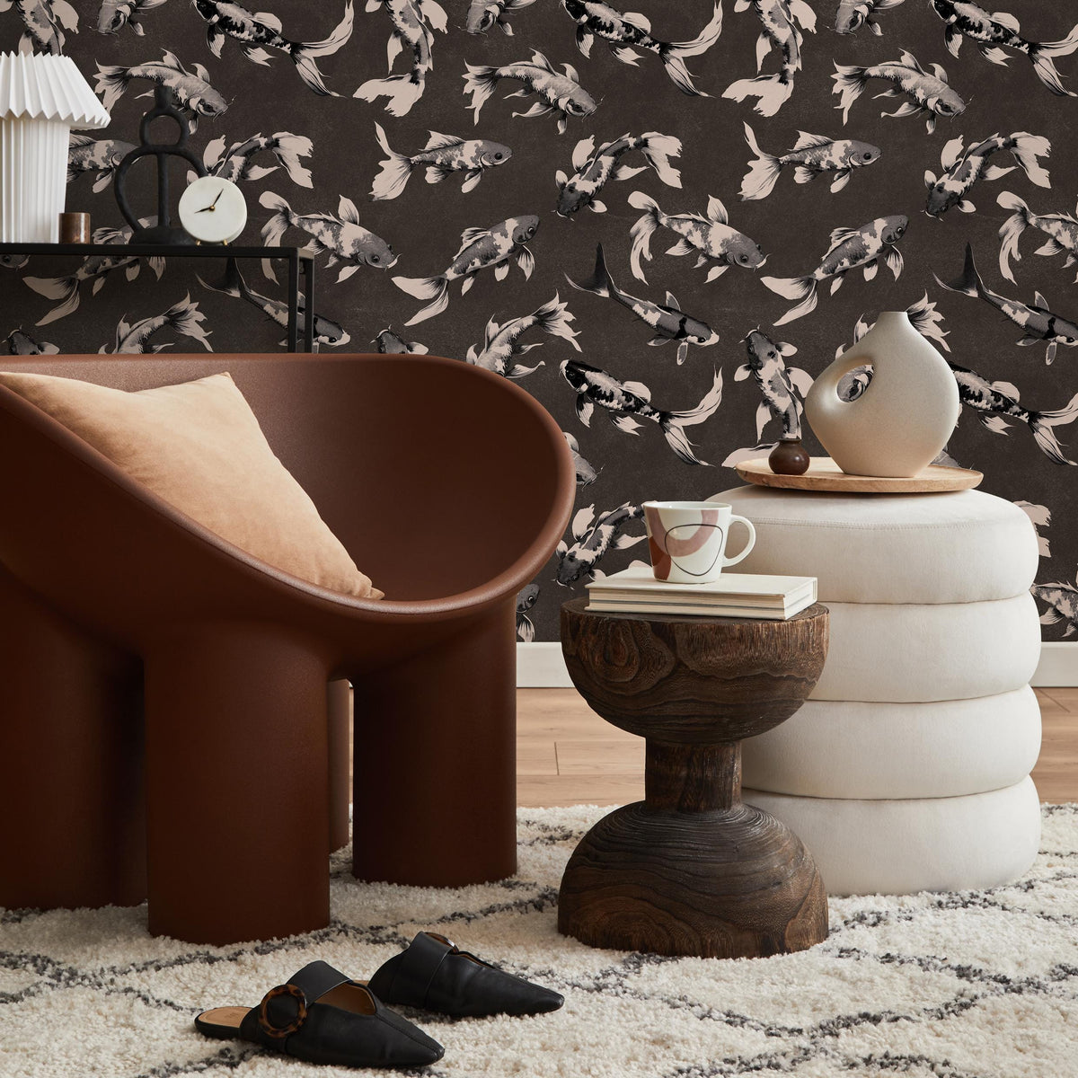 Koi fish wallpaper, Vintage marine wall mural, Japanese waves, Japanese fish - E066