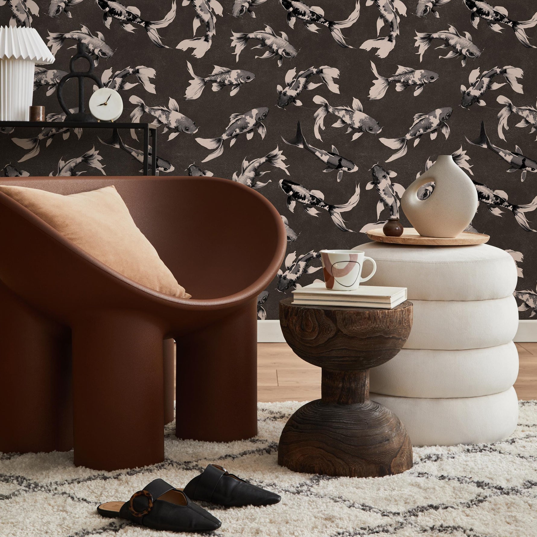 Koi fish wallpaper, Vintage marine wall mural, Japanese waves, Japanese fish - E066