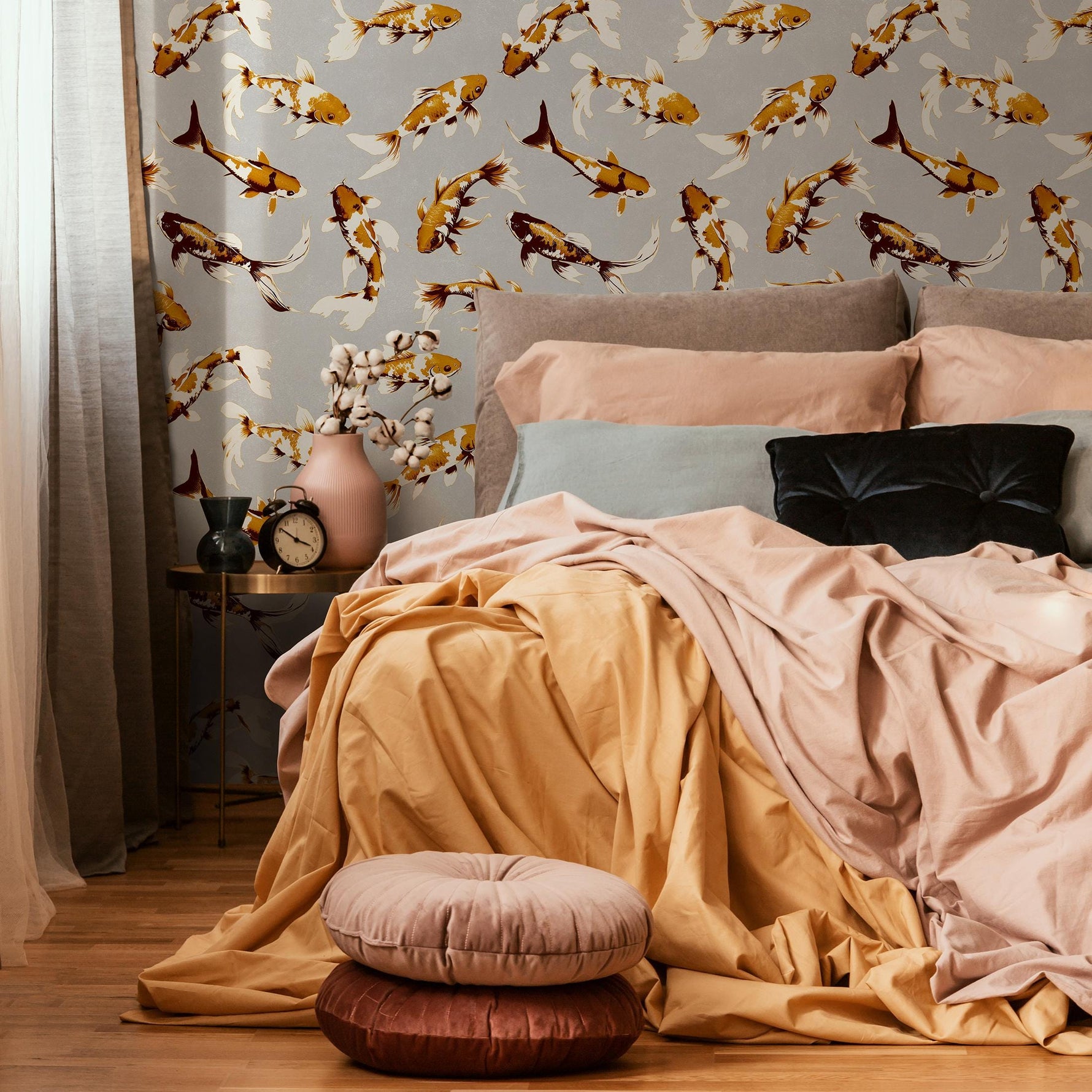 Koi fish wallpaper, Vintage marine wall mural, Japanese waves, Japanese fish - E068