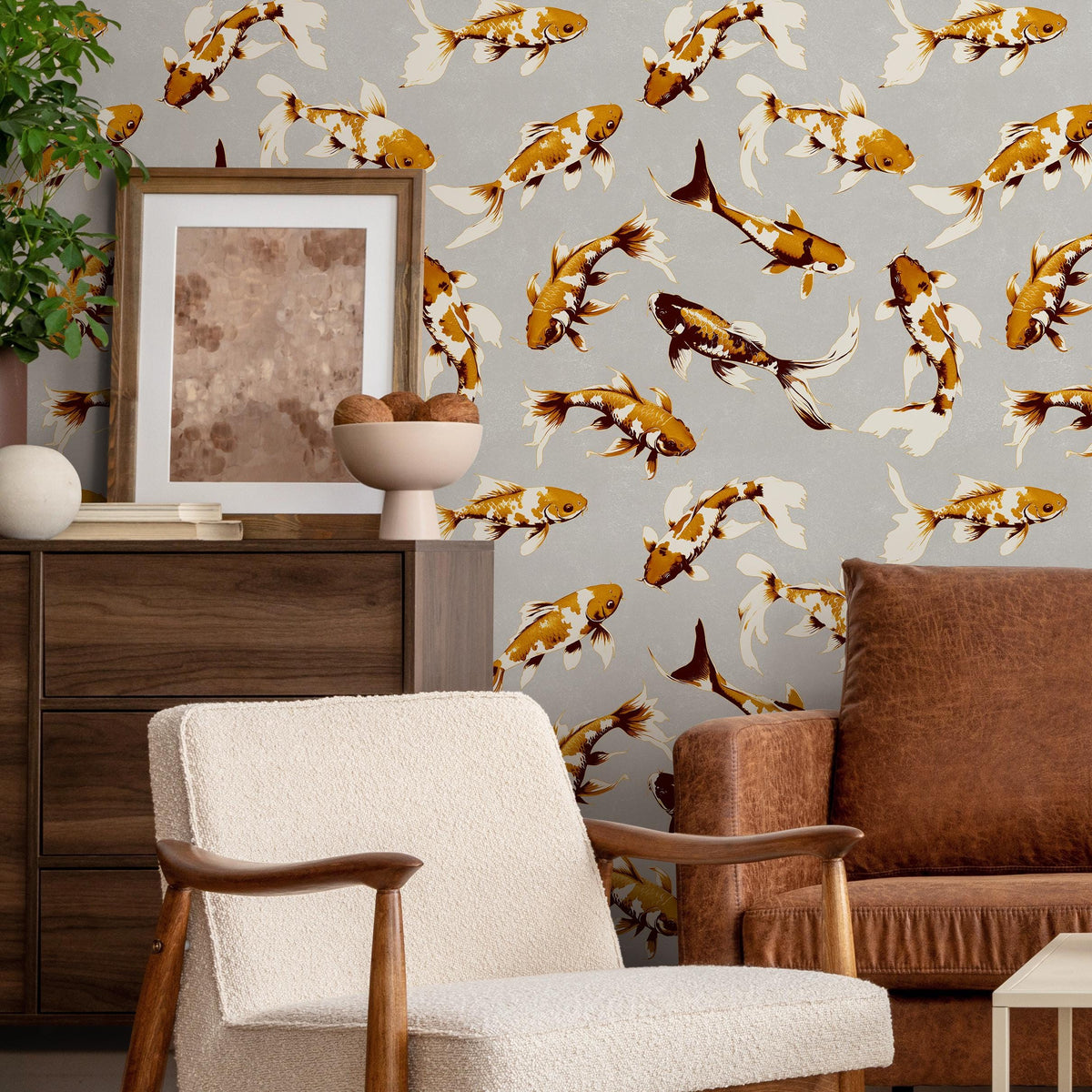 Koi fish wallpaper, Vintage marine wall mural, Japanese waves, Japanese fish - E068
