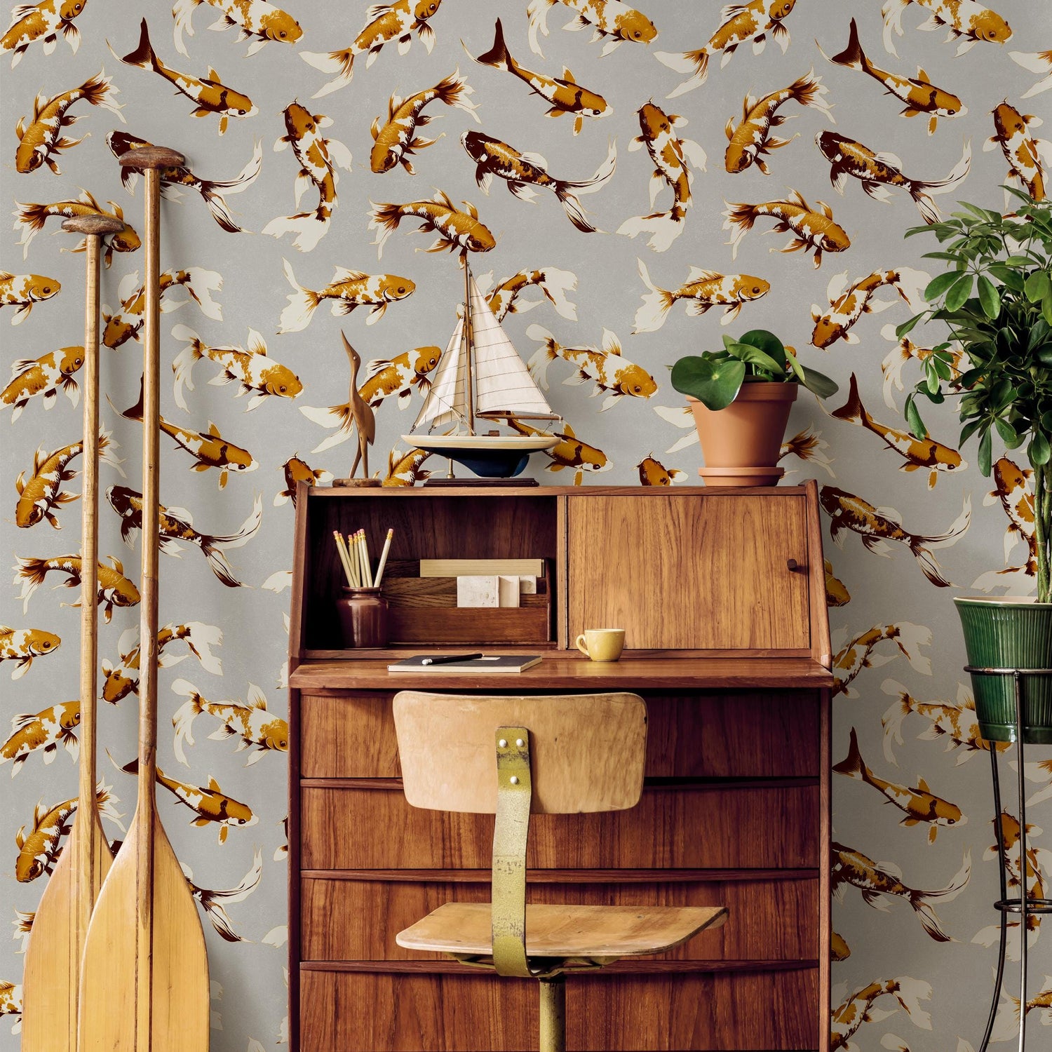 Koi fish wallpaper, Vintage marine wall mural, Japanese waves, Japanese fish - E068