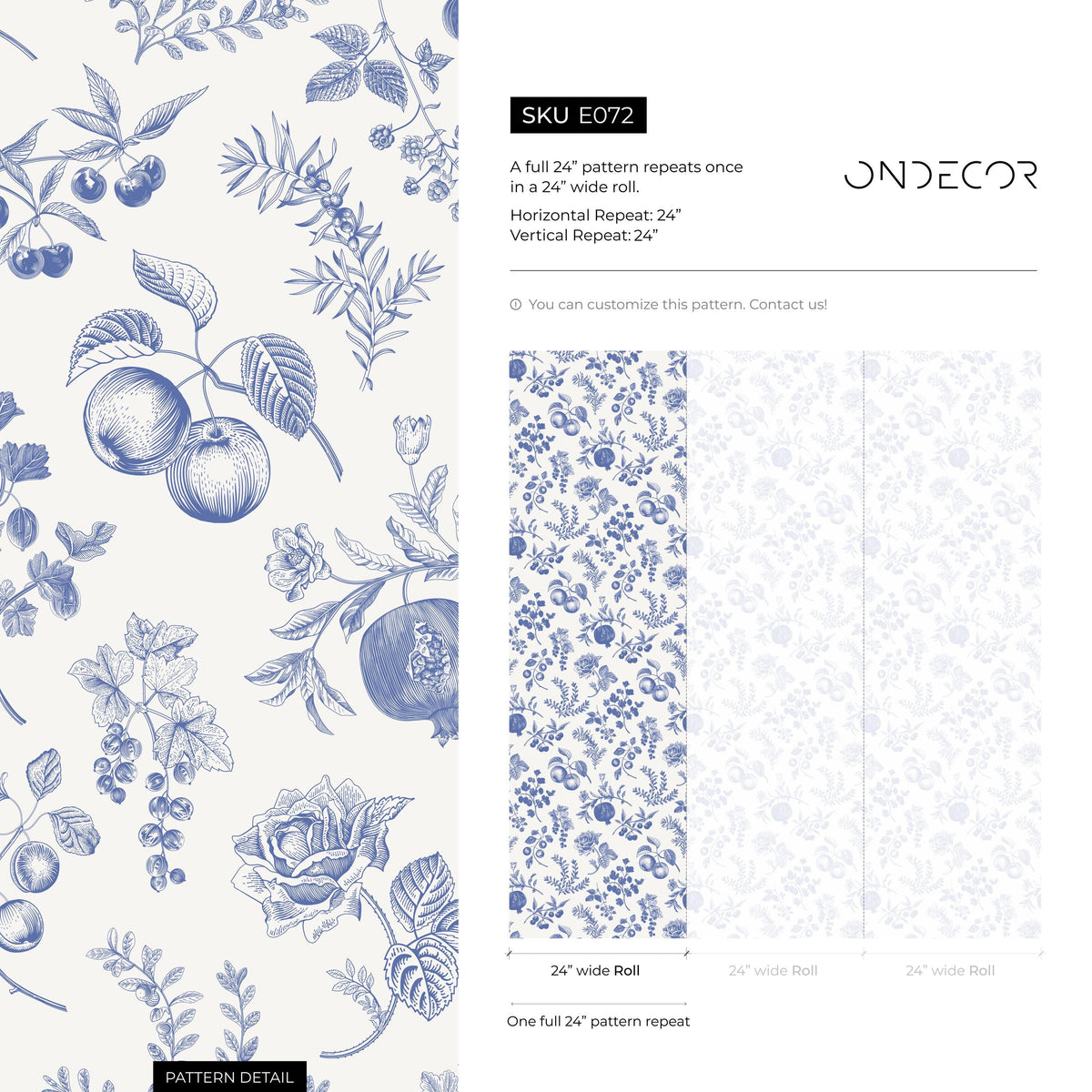 Apricot, blue, and white peel and stick wallpaper, peach wall decal, French style wallpaper for home - E072