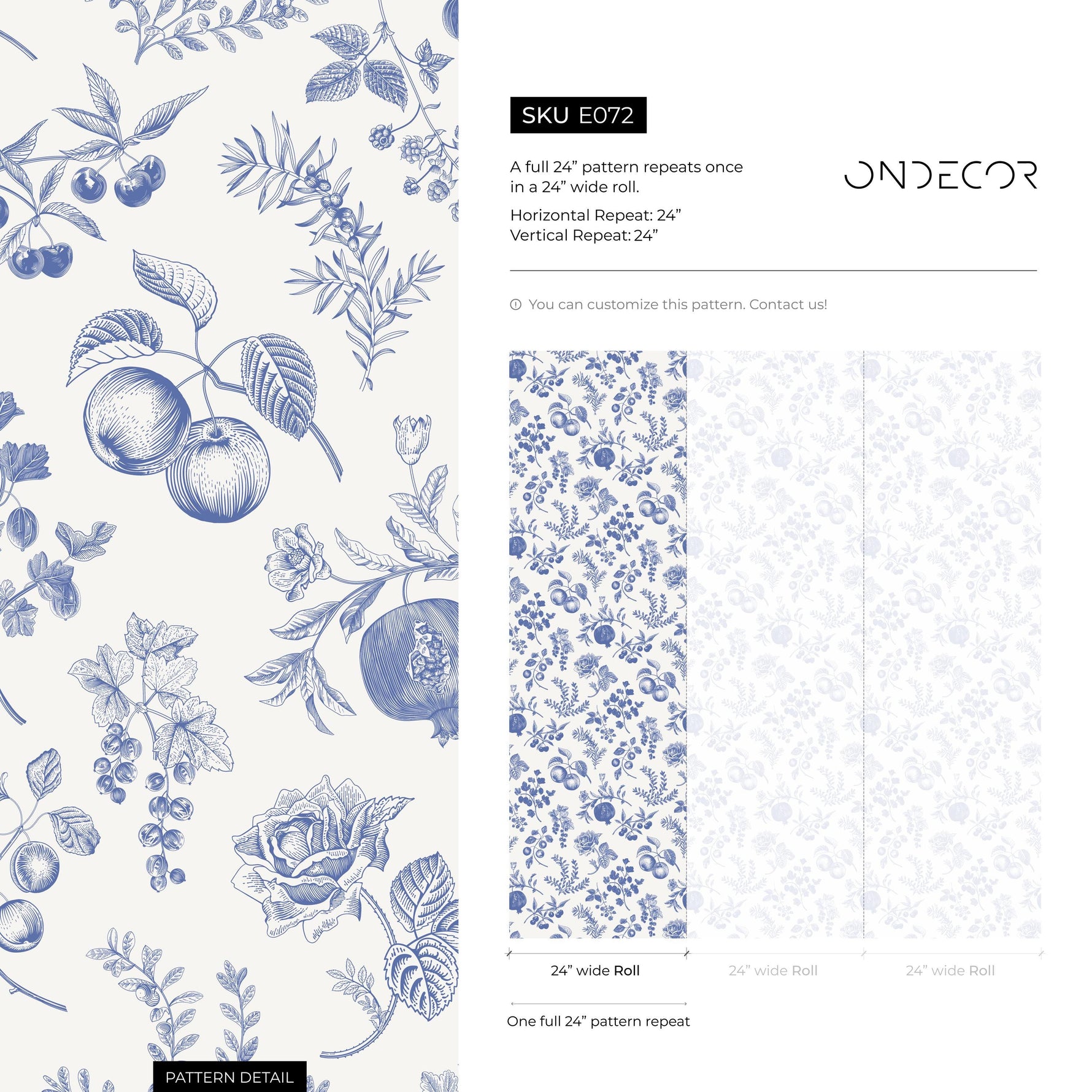 Apricot, blue, and white peel and stick wallpaper, peach wall decal, French style wallpaper for home - E072