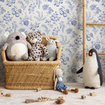 Apricot, blue, and white peel and stick wallpaper, peach wall decal, French style wallpaper for home - E072