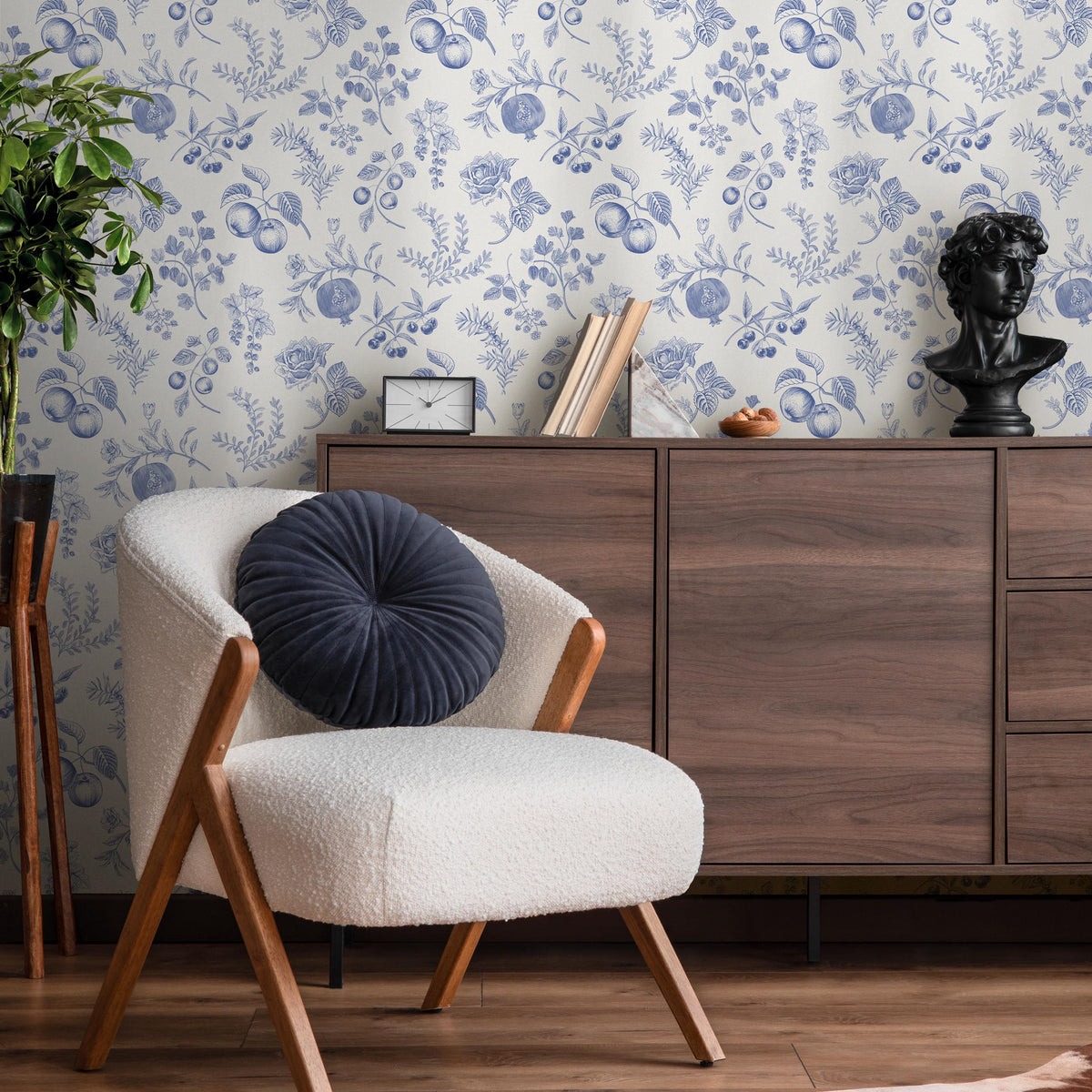 Apricot, blue, and white peel and stick wallpaper, peach wall decal, French style wallpaper for home - E072
