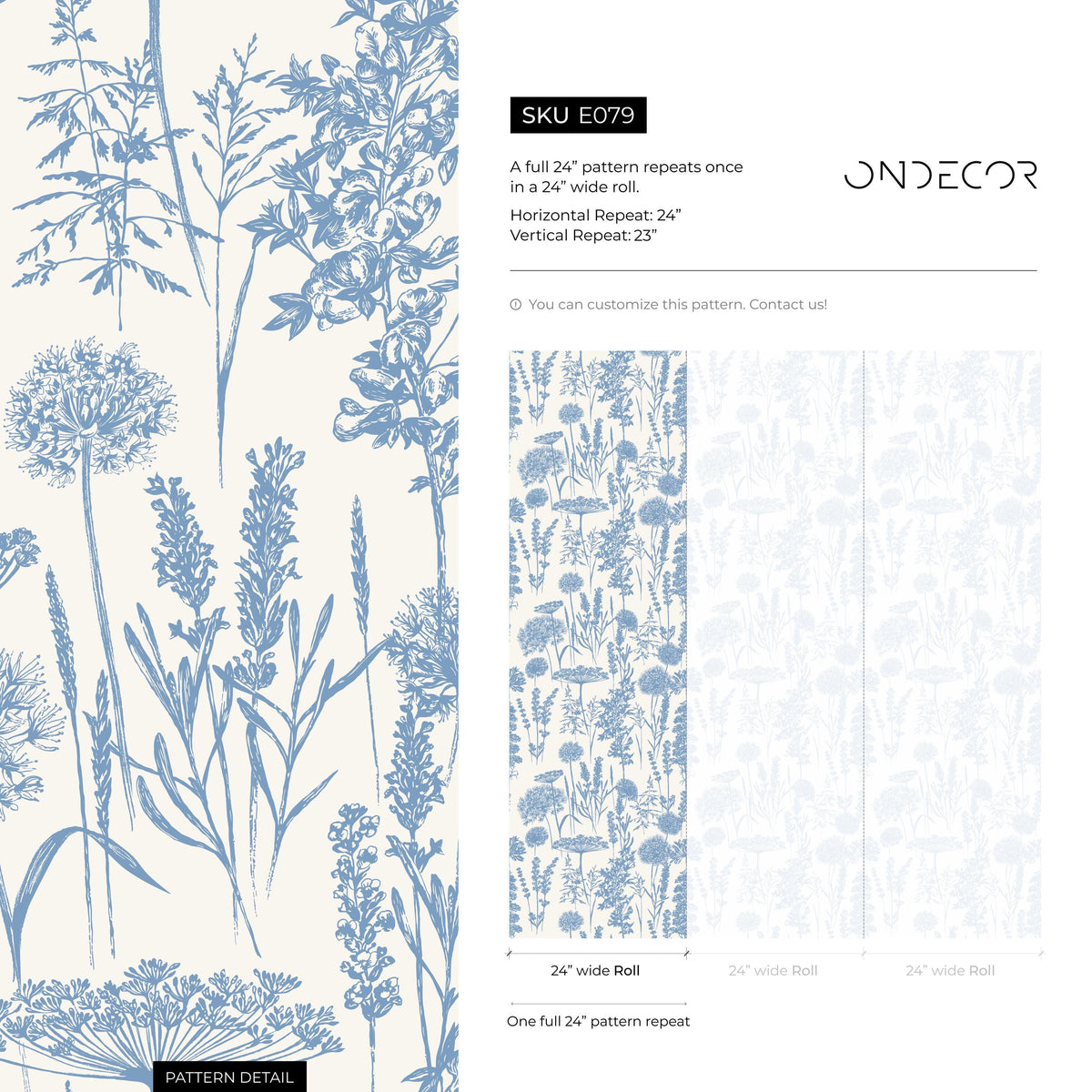 Denim Blue Wildflower Removable Wallpaper, available as self adhesive or non woven wallpaper - E079