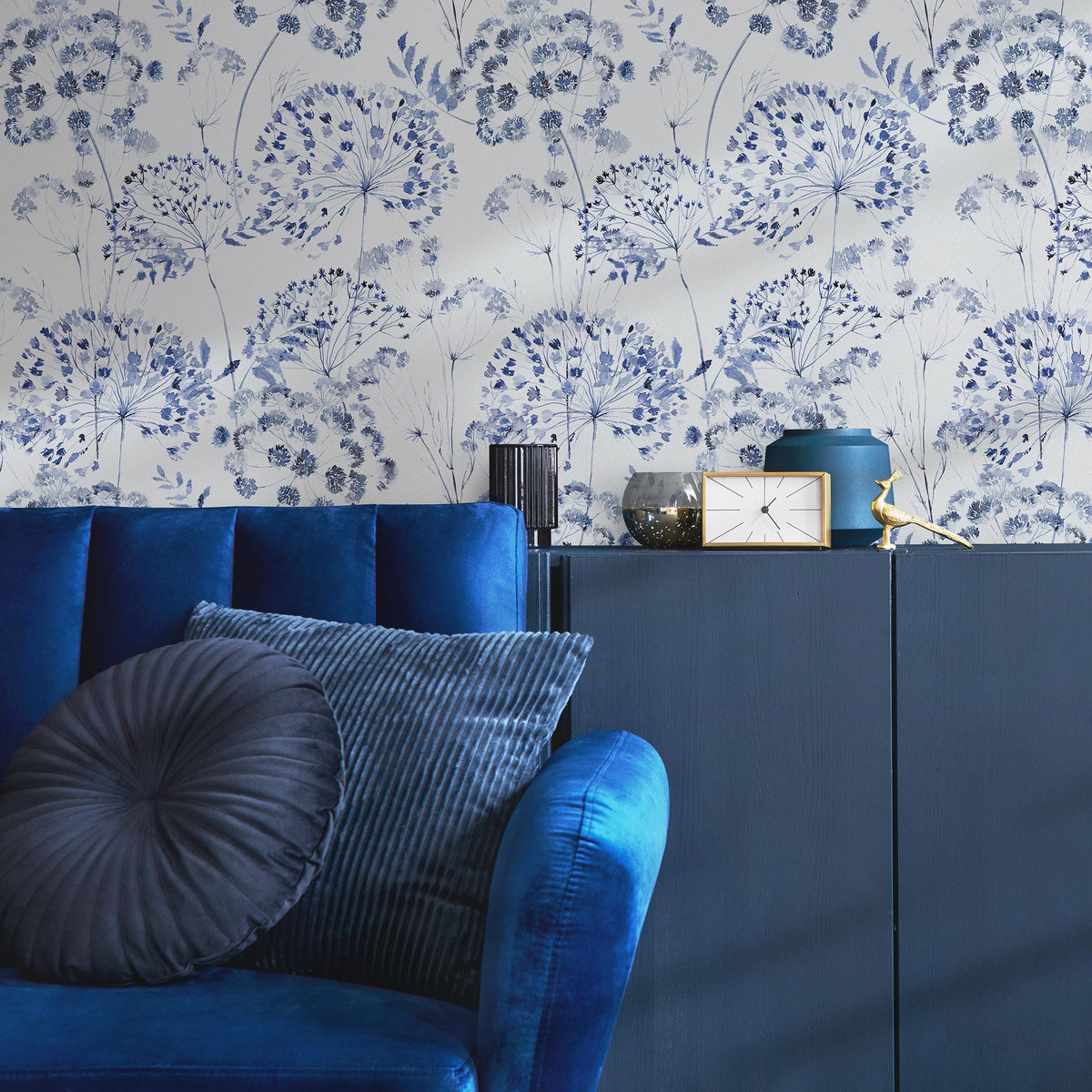 Denim Blue Wildflower Removable Wallpaper, available as self adhesive or non woven wallpaper - E081