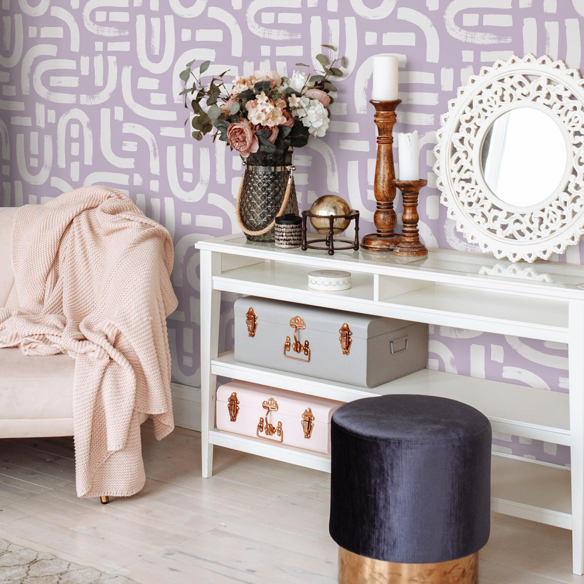 Lavender Color Brush Stroke Labyrinth Pattern Wallpaper / Minimal design abstract pattern Traditional or Removable Wallpaper - E088