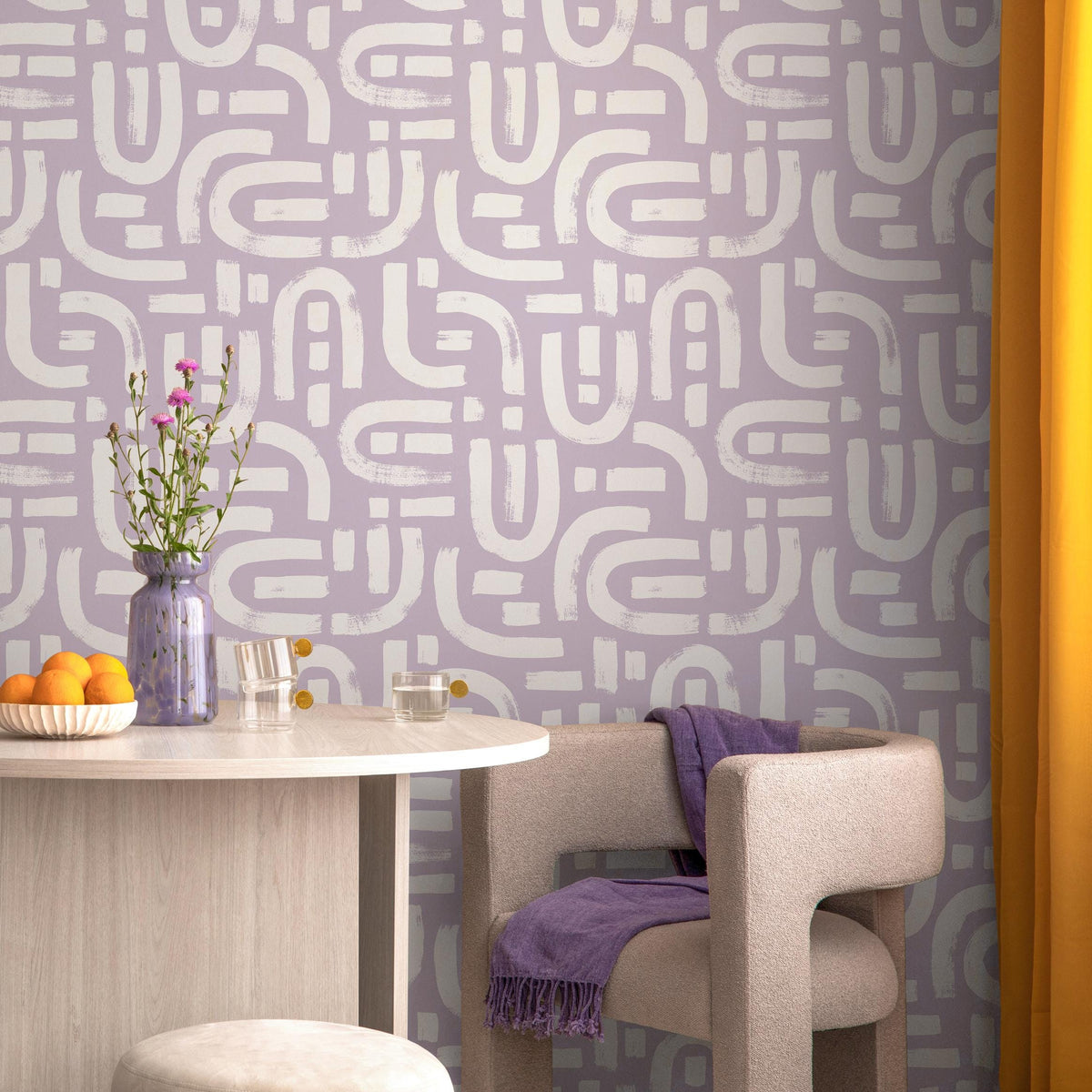 Lavender Color Brush Stroke Labyrinth Pattern Wallpaper / Minimal design abstract pattern Traditional or Removable Wallpaper - E088