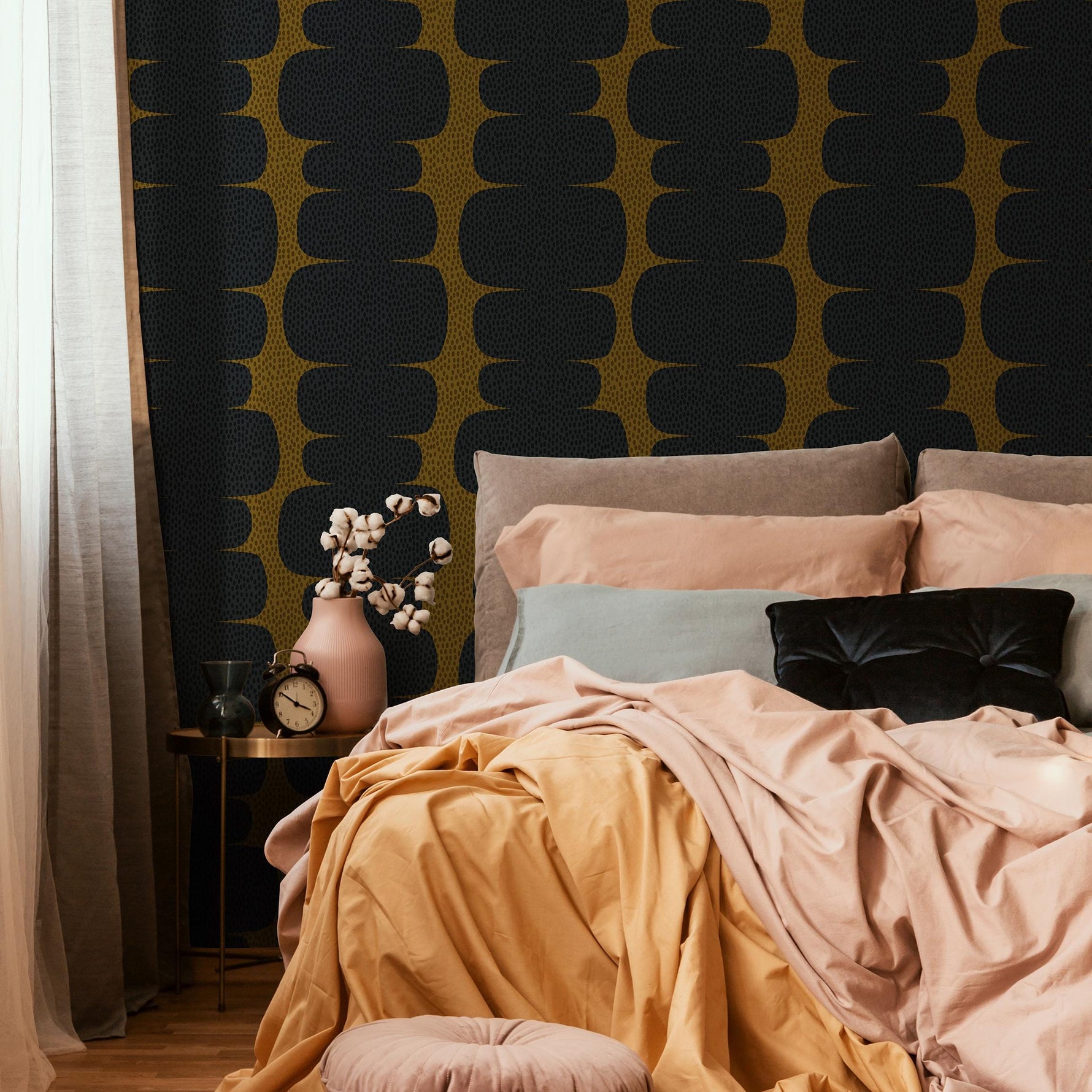 Peel and stick wallpaper with abstract shapes in navy blue, cream background wallpaper, retro style wall decal, temporary wallpaper - E094