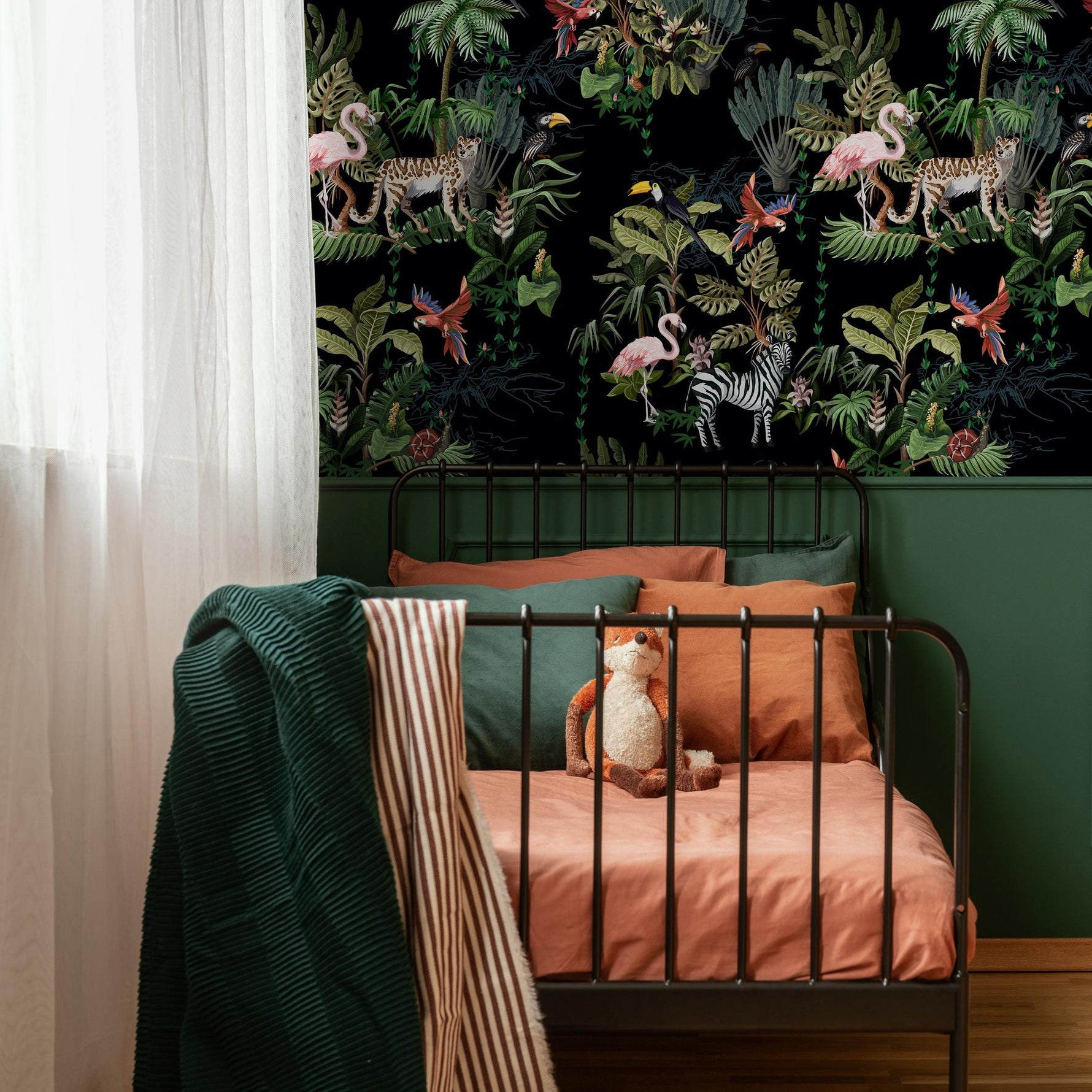 Watercolor Jungle Wallpaper, Zebra and Flamingo Tropical Wallpaper, Modern Nursery Wallpaper, Animal Print Wall Art, Safari Wall Mural- E004
