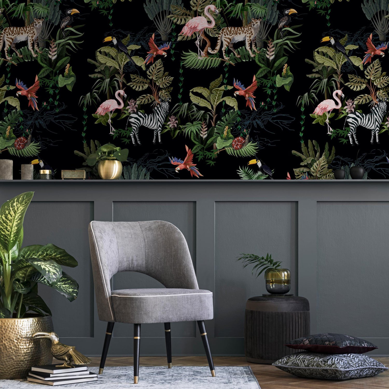 Watercolor Jungle Wallpaper, Zebra and Flamingo Tropical Wallpaper, Modern Nursery Wallpaper, Animal Print Wall Art, Safari Wall Mural- E004