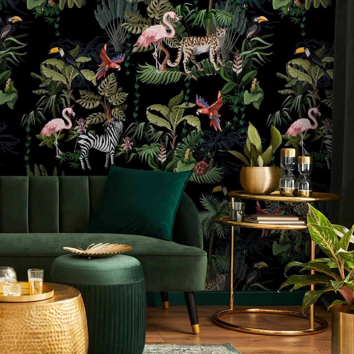 Watercolor Jungle Wallpaper, Zebra and Flamingo Tropical Wallpaper, Modern Nursery Wallpaper, Animal Print Wall Art, Safari Wall Mural- E004