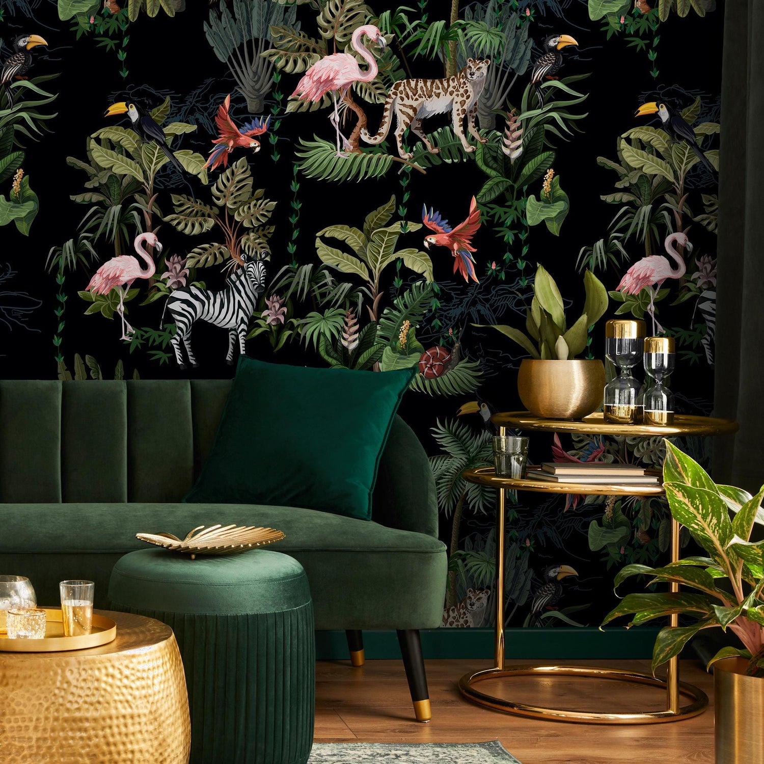 Watercolor Jungle Wallpaper, Zebra and Flamingo Tropical Wallpaper, Modern Nursery Wallpaper, Animal Print Wall Art, Safari Wall Mural- E004