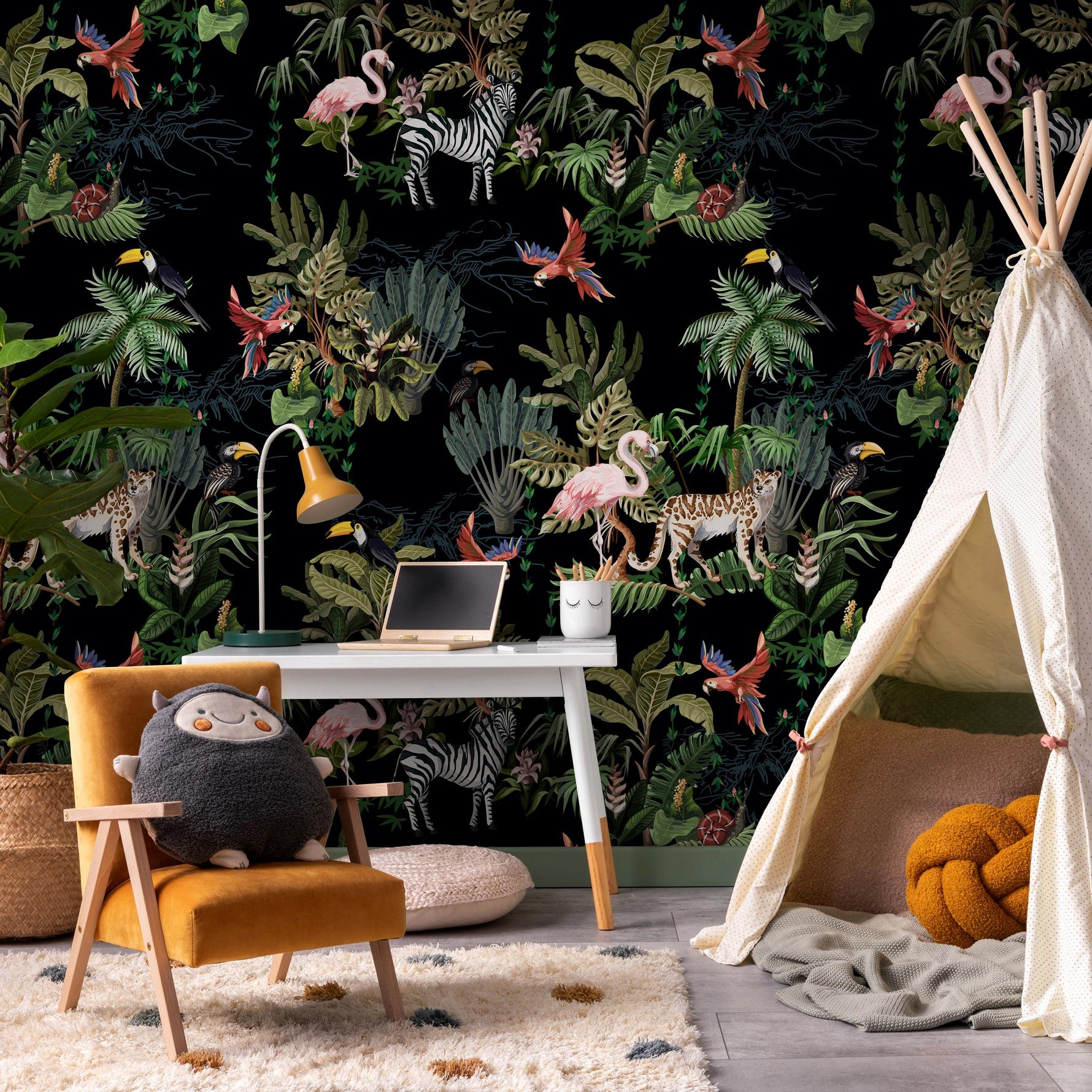 Watercolor Jungle Wallpaper, Zebra and Flamingo Tropical Wallpaper, Modern Nursery Wallpaper, Animal Print Wall Art, Safari Wall Mural- E004