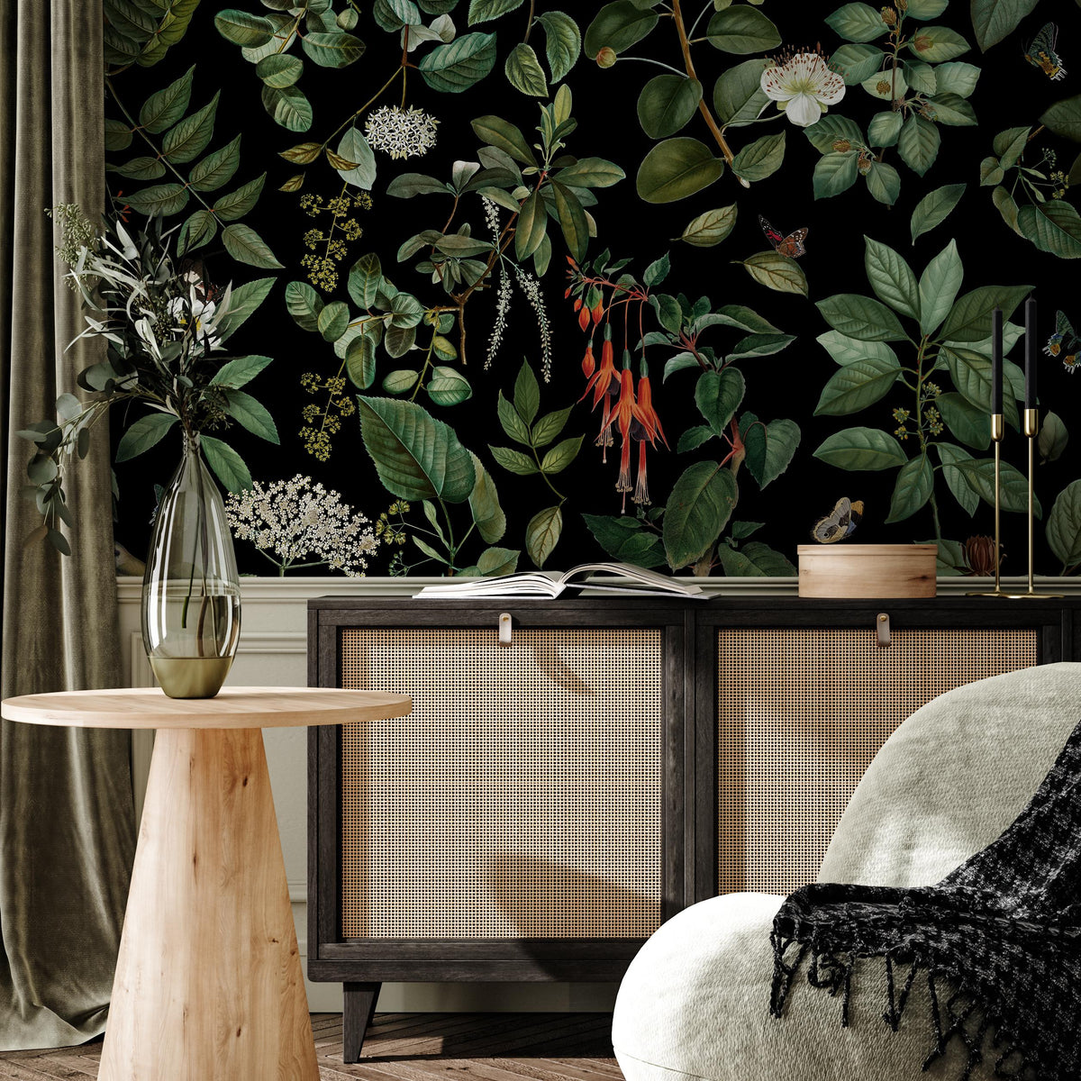 Dark Floral Wallpaper, Vintage, Butterfly and Bird Wall Mural, Dark Wallpapers - E007