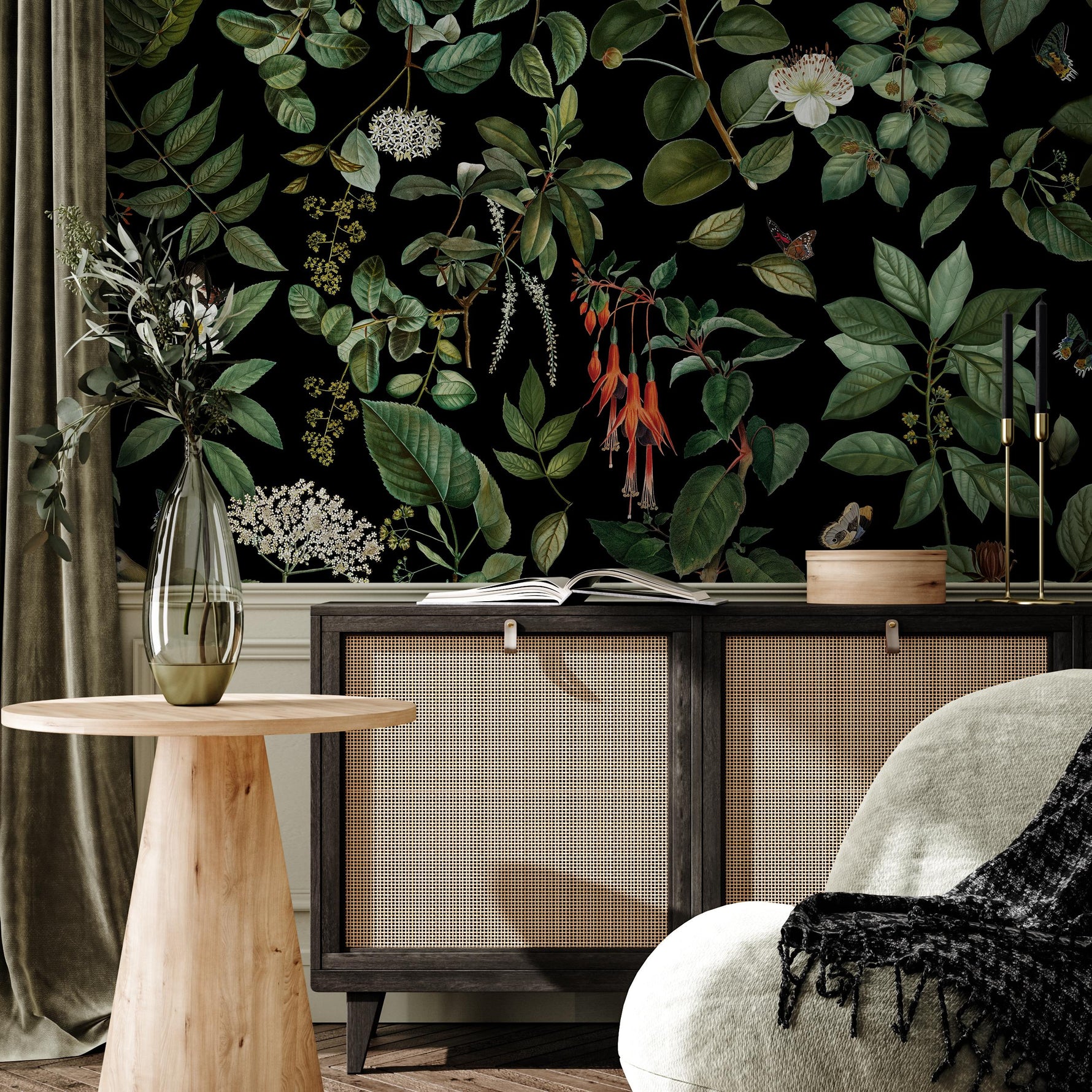 Dark Floral Wallpaper, Vintage, Butterfly and Bird Wall Mural, Dark Wallpapers - E007