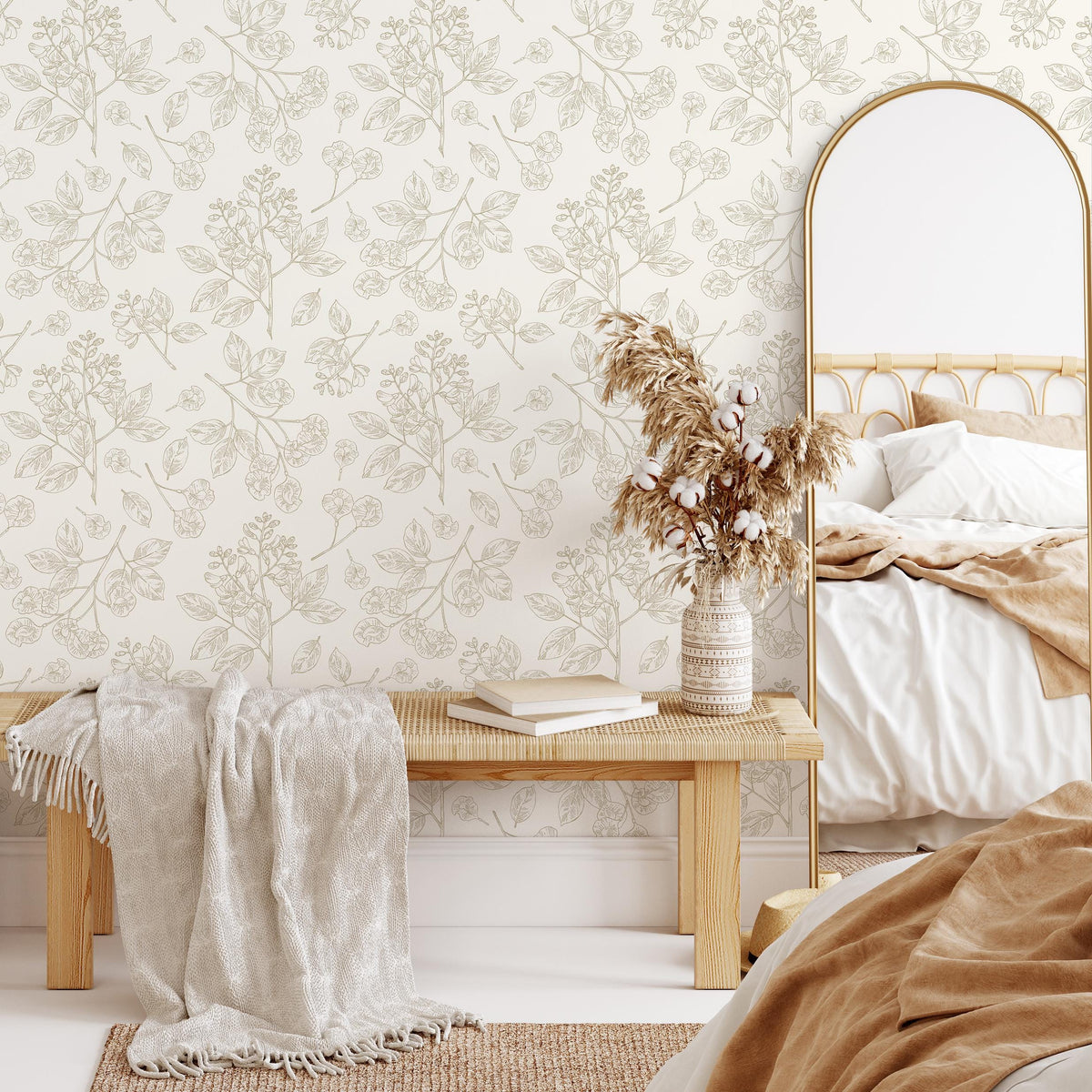 French Country Wallpaper Vintage Botanical Foliage Wallpaper Bedroom Wildflower Peel and Stick Wallpaper Victorian Neutral Wallpaper - E012