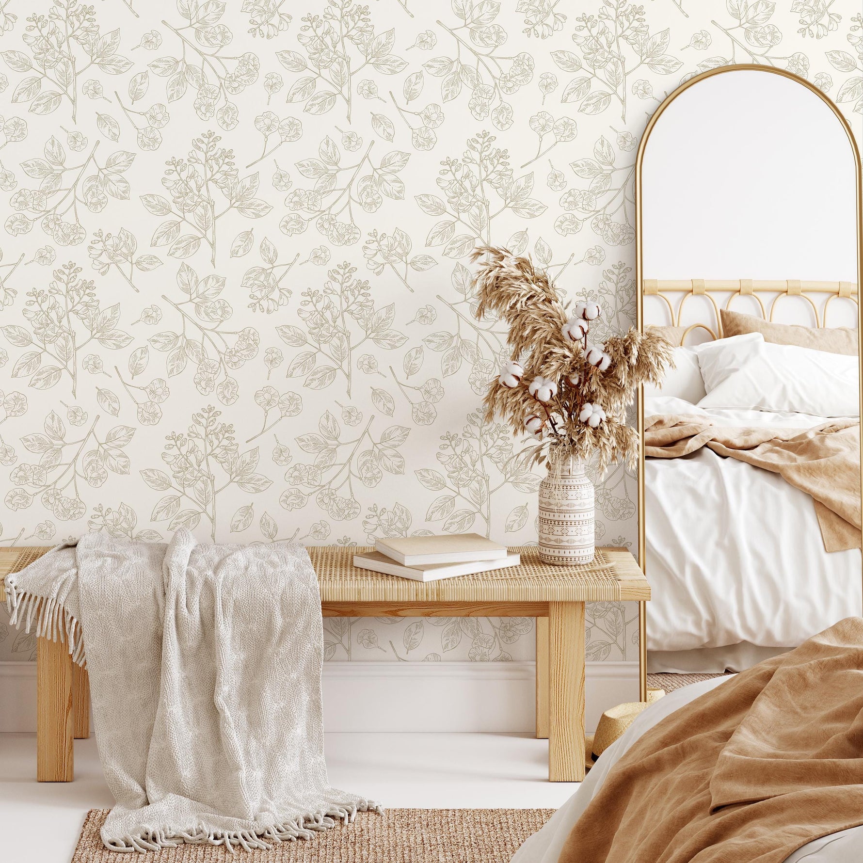 French Country Wallpaper Vintage Botanical Foliage Wallpaper Bedroom Wildflower Peel and Stick Wallpaper Victorian Neutral Wallpaper - E012