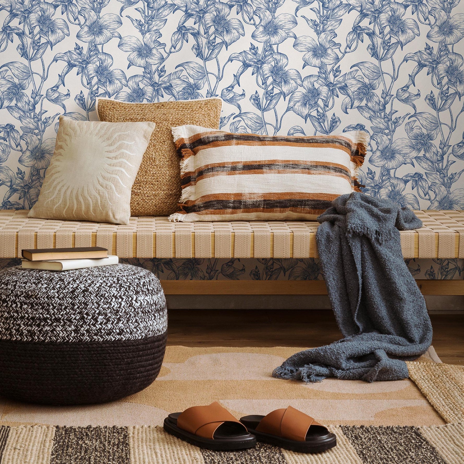 Blue flower self adhesive wallpaper and regular wallpaper - E015