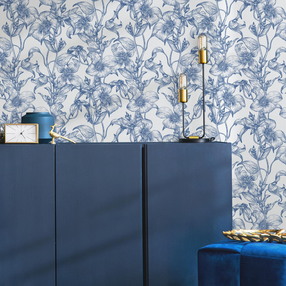Blue flower self adhesive wallpaper and regular wallpaper - E015