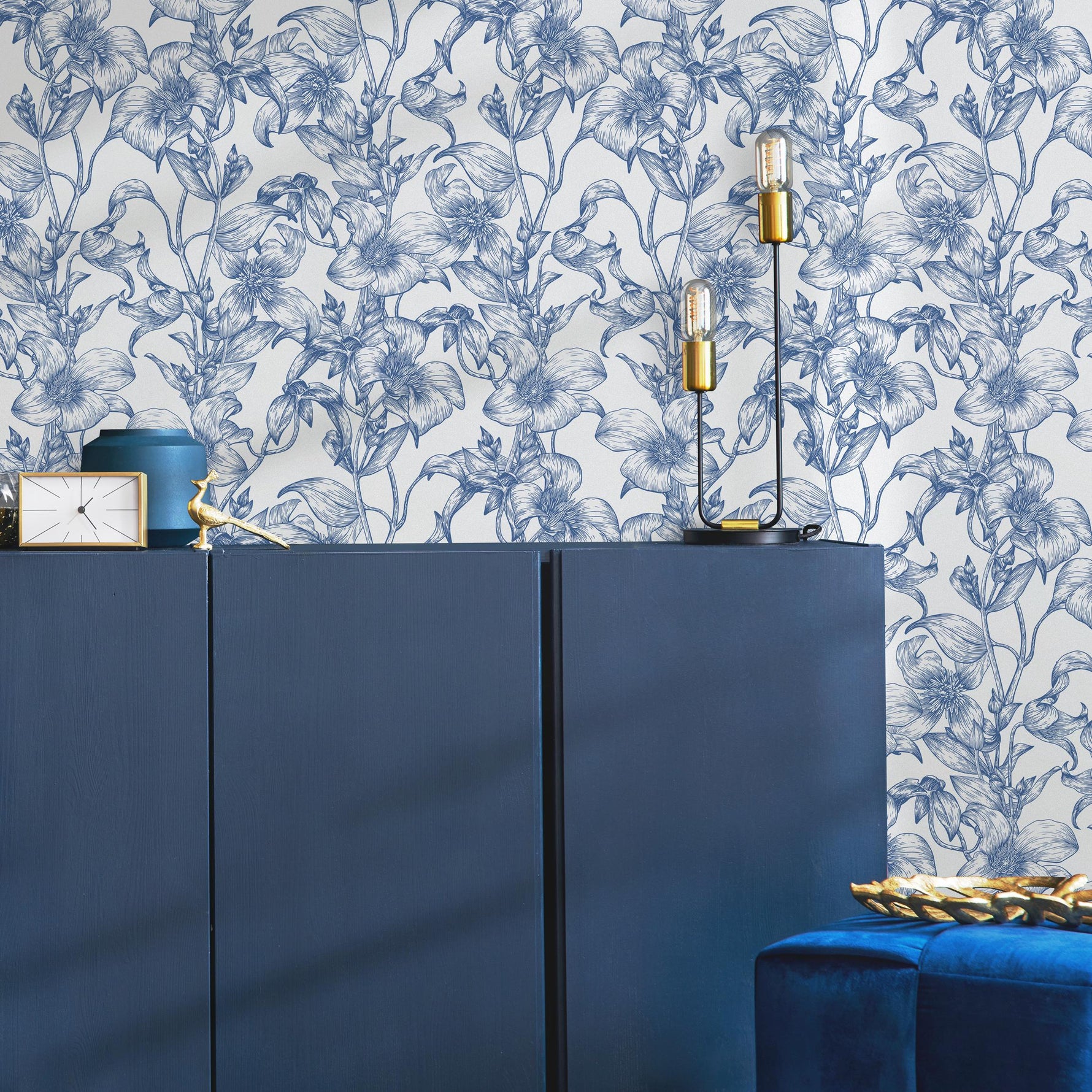 Blue flower self adhesive wallpaper and regular wallpaper - E015