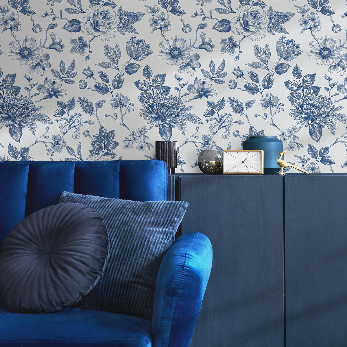 Blue flower self adhesive wallpaper and regular wallpaper - E016
