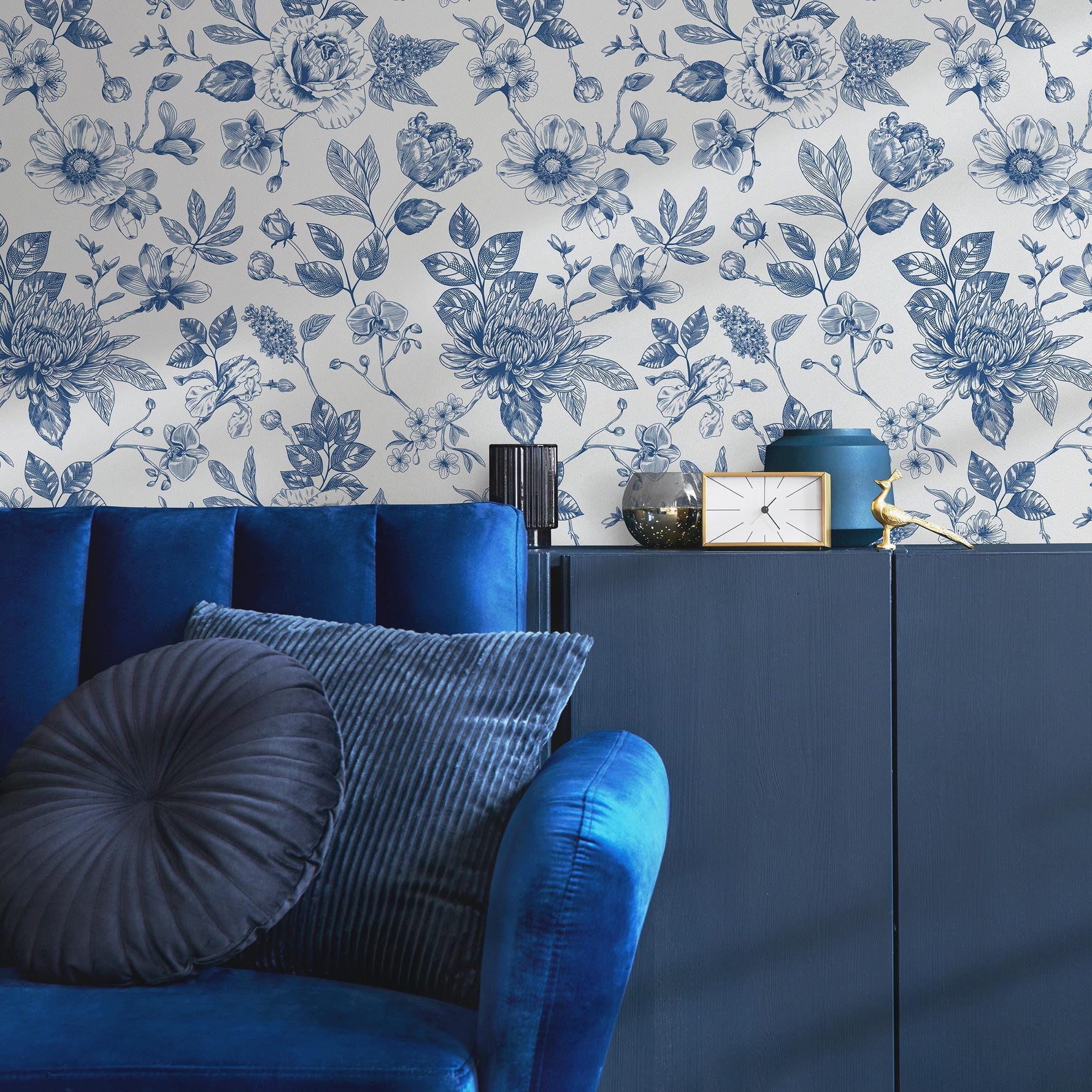 Blue flower self adhesive wallpaper and regular wallpaper - E016